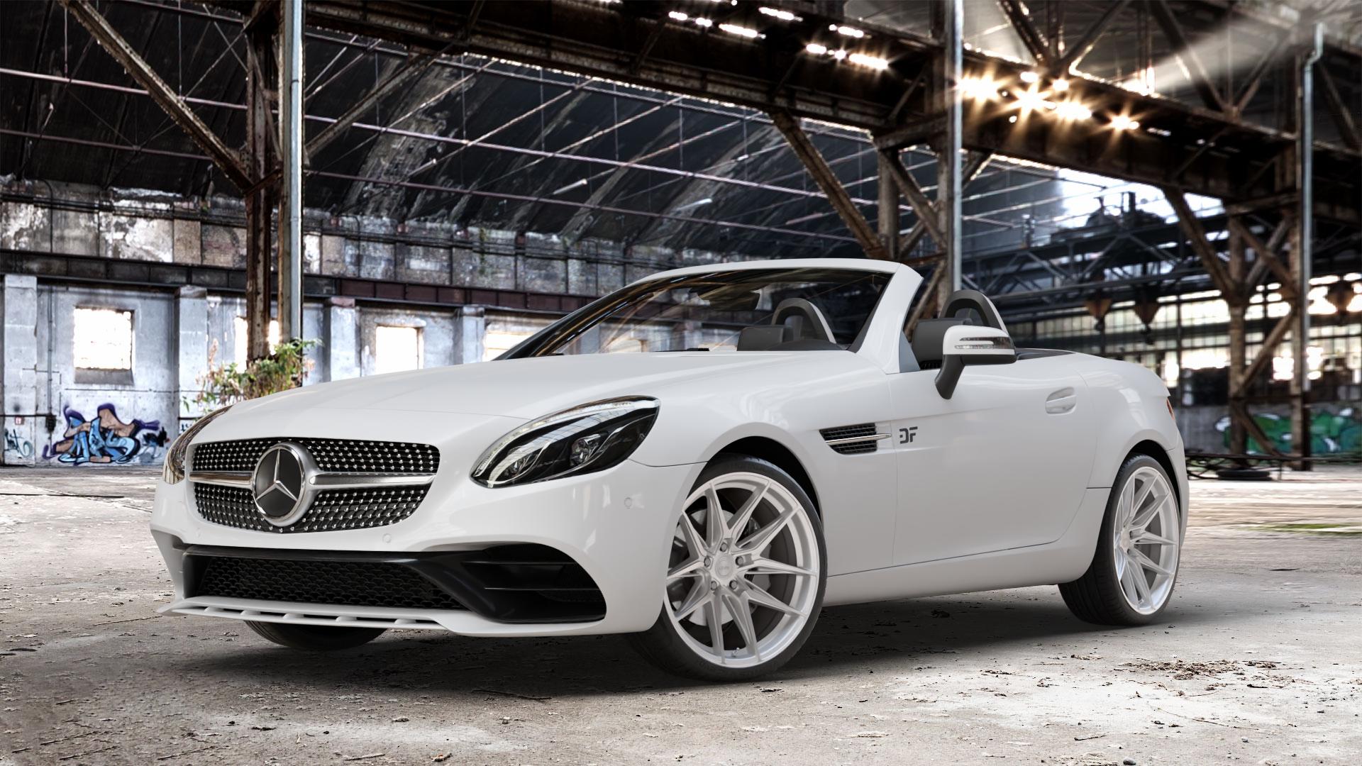 La Chanti Performance LC-P3 Machined Silver Felge mit Reifen silber in 19Zoll Winterfelge Alufelge auf weissem Mercedes SLK Typ R172 ⬇️ mit 15mm Tieferlegung ⬇️ Old Industrial Hall_max_4400mm_2024 Frontansicht_1