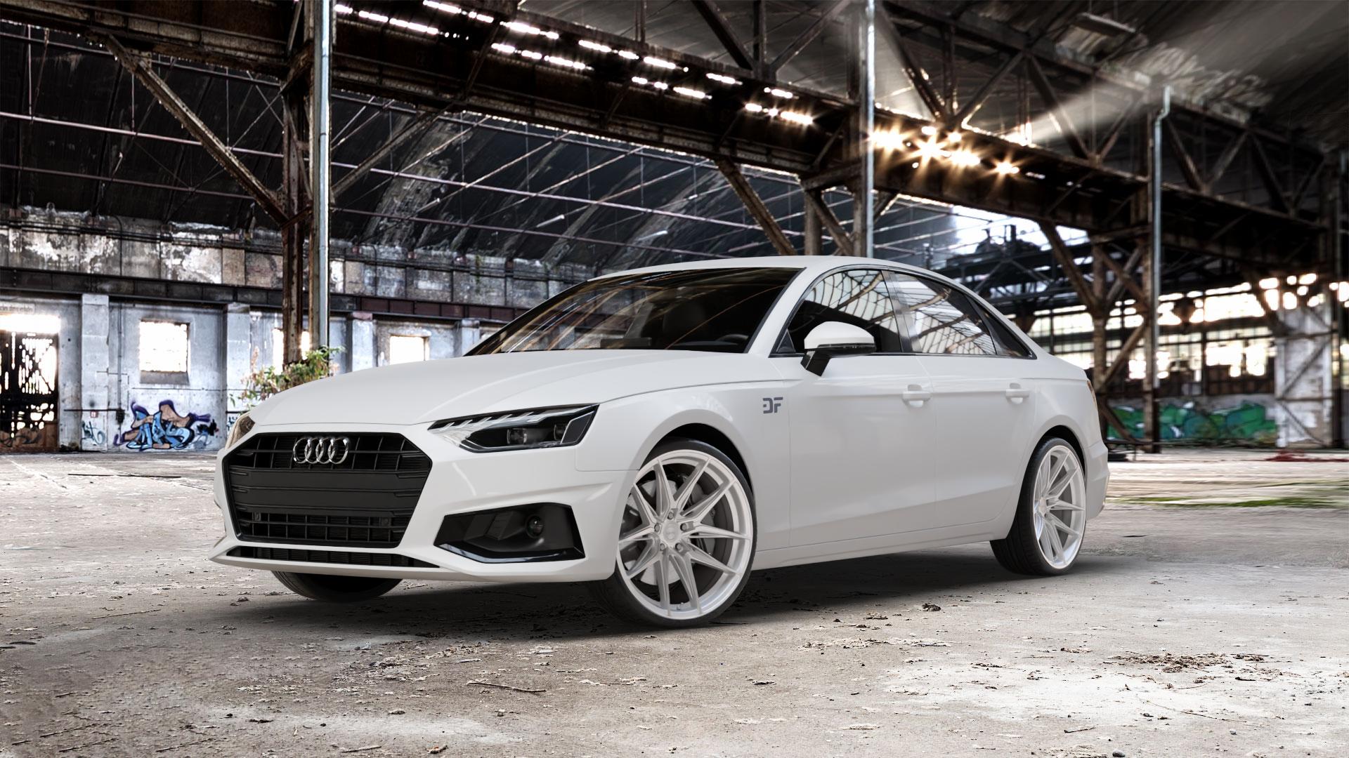La Chanti Performance LC-P3 Machined Silver Felge mit Reifen silber in 20Zoll Winterfelge Alufelge auf weissem Audi A4 Typ B9 (Limousine) Facelift ⬇️ mit 15mm Tieferlegung ⬇️ Old Industrial Hall_max_5300mm_2024 Frontansicht_1