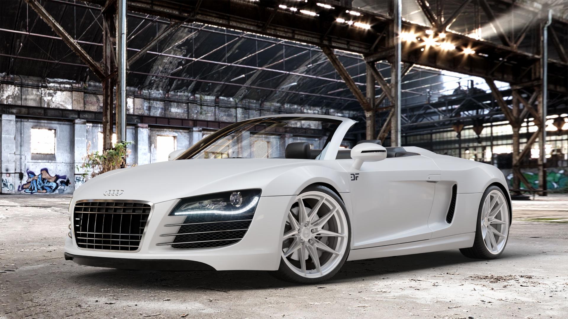 La Chanti Performance LC-P3 Machined Silver Felge mit Reifen silber in 20Zoll Winterfelge Alufelge auf weissem Audi R8 Spyder Typ 42 Facelift 12-> ⬇️ mit 15mm Tieferlegung ⬇️ Old Industrial Hall_max_4400mm_2024 Frontansicht_1