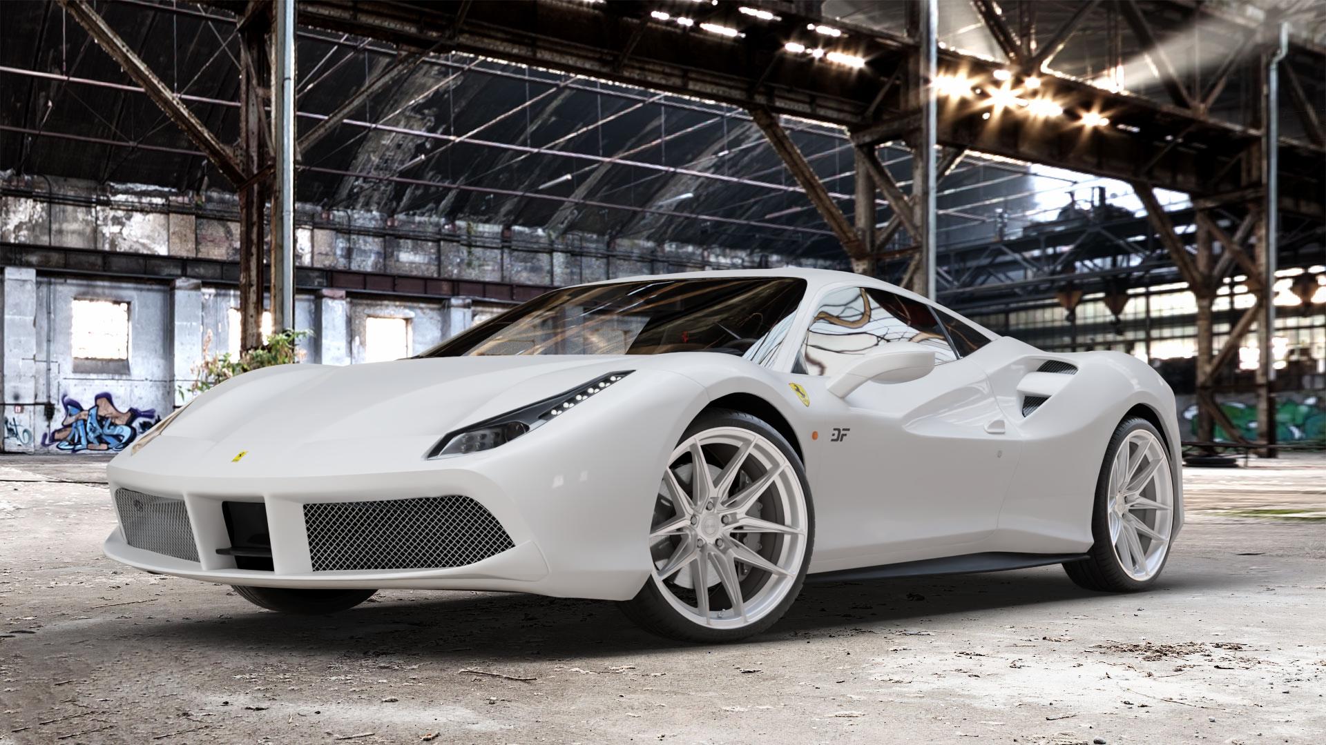 La Chanti Performance LC-P3 Machined Silver Felge mit Reifen silber in 20Zoll Winterfelge Alufelge auf weissem Ferrari 488 GTB ⬇️ mit 15mm Tieferlegung ⬇️ Old Industrial Hall_max_4400mm_2024 Frontansicht_1