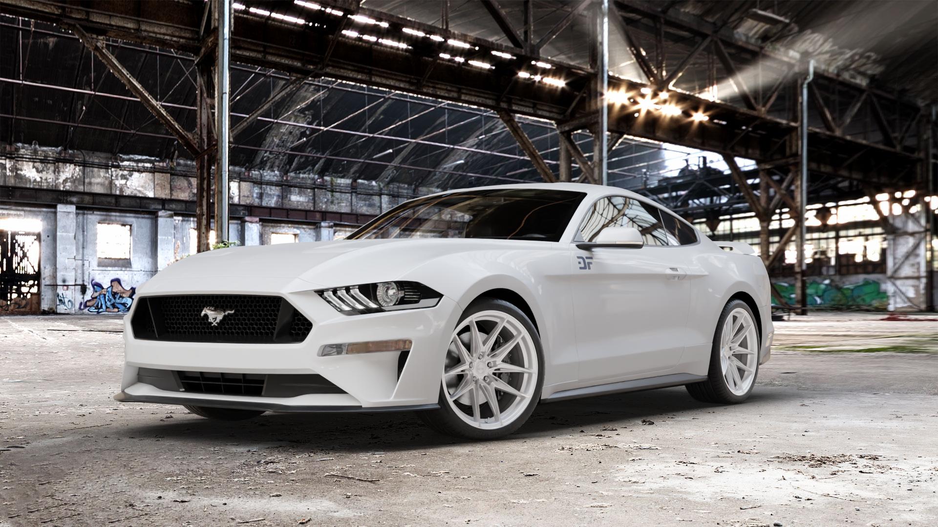 La Chanti Performance LC-P3 Machined Silver Felge mit Reifen silber in 20Zoll Winterfelge Alufelge auf weissem Ford Mustang VI Coupe Typ LAE Facelift ⬇️ mit 15mm Tieferlegung ⬇️ Old Industrial Hall_max_5300mm_2024 Frontansicht_1