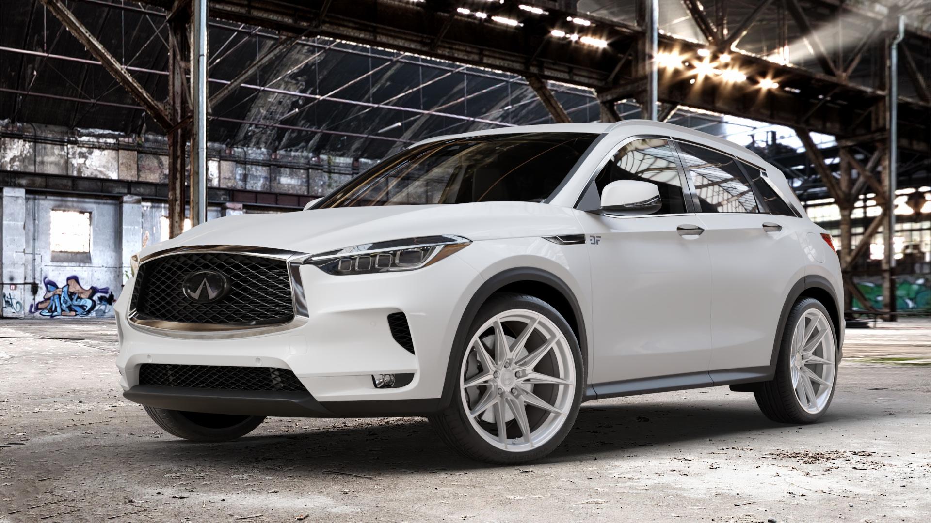 La Chanti Performance LC-P3 Machined Silver Felge mit Reifen silber in 20Zoll Winterfelge Alufelge auf weissem Infiniti QX50 Q ⬇️ mit 15mm Tieferlegung ⬇️ Old Industrial Hall_max_4400mm_2024 Frontansicht_1