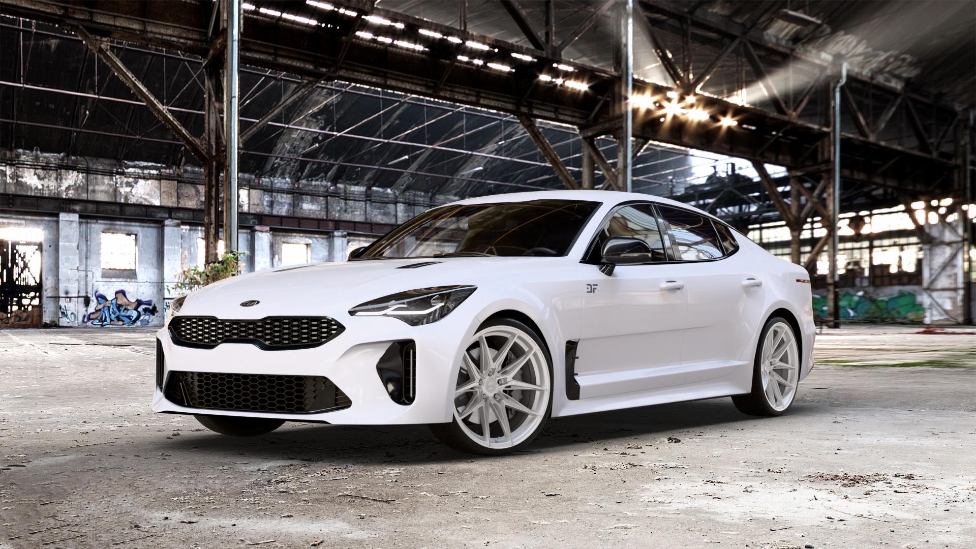 La Chanti Performance LC-P3 Machined Silver Felge mit Reifen silber in 20Zoll Winterfelge Alufelge auf weissem Kia Stinger Typ CK ⬇️ mit 15mm Tieferlegung ⬇️ Old Industrial Hall_max_5300mm_2024 Frontansicht_1
