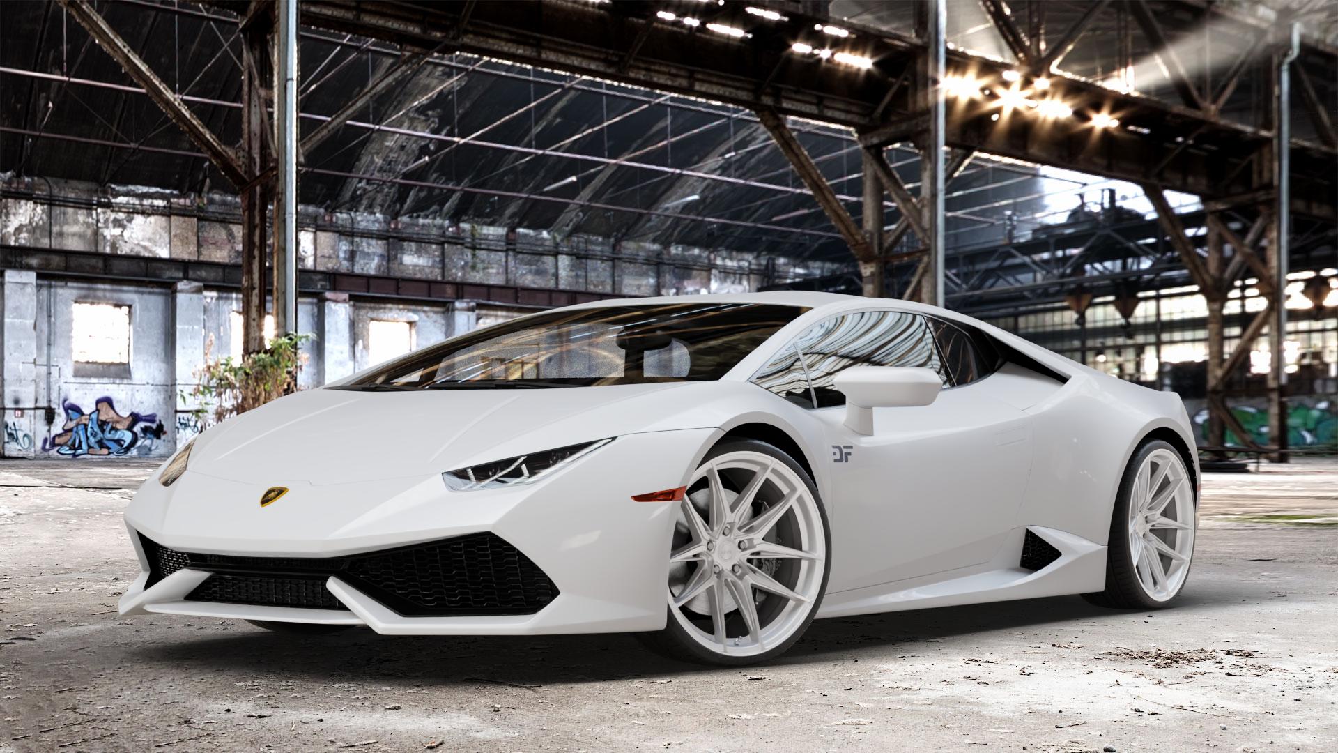 La Chanti Performance LC-P3 Machined Silver Felge mit Reifen silber in 20Zoll Winterfelge Alufelge auf weissem Lamborghini Huracán 5,2l 449kW LP610-4 (610 PS) 427kW LP580-2 (581 470kW Performante (639 ⬇️ mit 15mm Tieferlegung ⬇️ Old Industrial Hall_max_4400mm_2024 Frontansicht_1