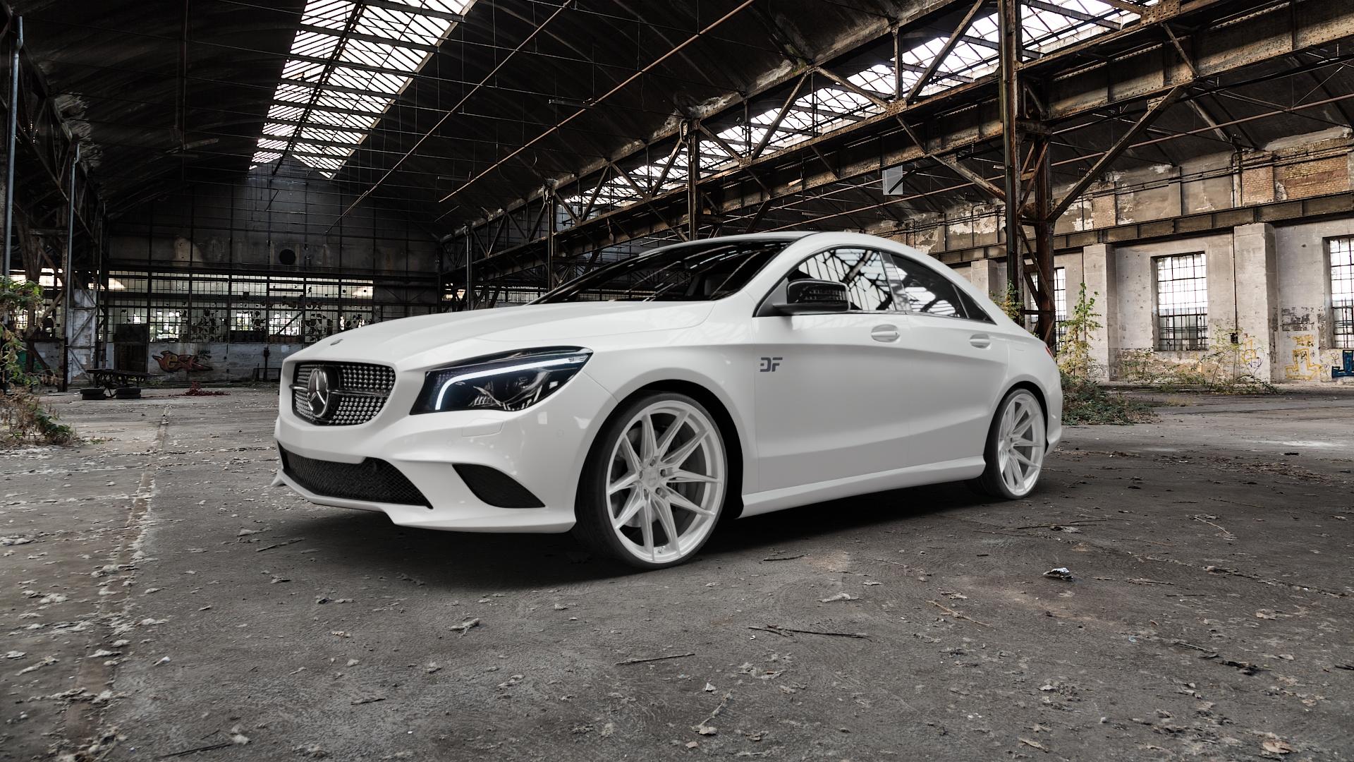 La Chanti Performance LC-P3 Machined Silver Felge mit Reifen silber in 20Zoll Winterfelge Alufelge auf weissem Mercedes CLA-Klasse I Typ C117 245G ⬇️ mit 15mm Tieferlegung ⬇️ Old Industrial Hall_max5000mm_2022 Frontansicht_1