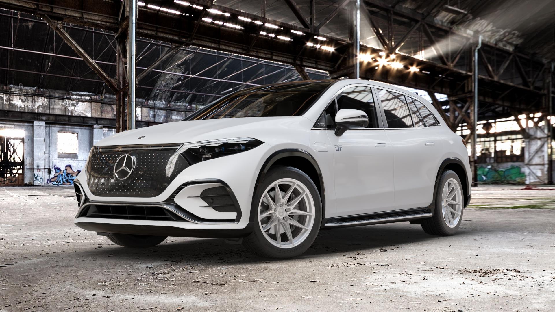 La Chanti Performance LC-P3 Machined Silver Felge mit Reifen silber in 20Zoll Winterfelge Alufelge auf weissem Mercedes EQS SUV Typ E2EQSX ⬇️ mit 15mm Tieferlegung ⬇️ Old Industrial Hall_max_5300mm_2024 Frontansicht_1