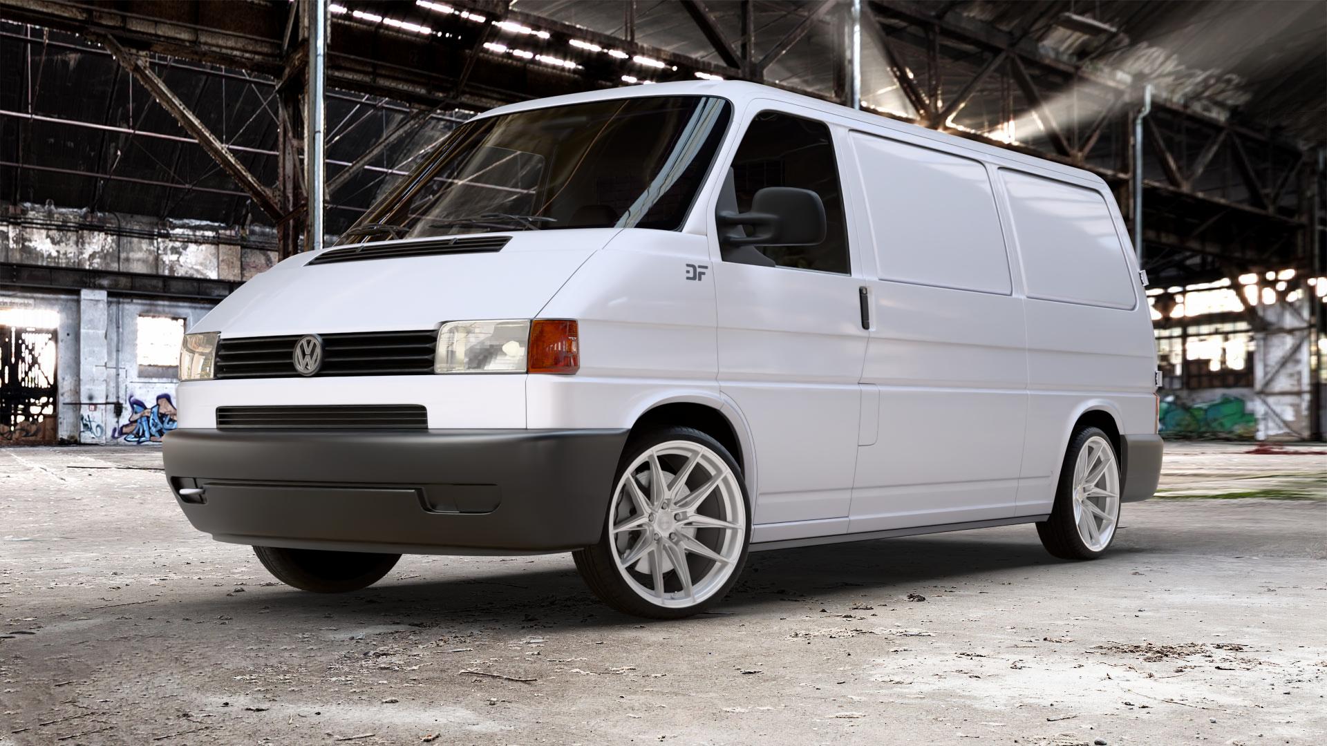La Chanti Performance LC-P3 Machined Silver Felge mit Reifen silber in 20Zoll Winterfelge Alufelge auf weissem Volkswagen (VW) T4 Transporter ⬇️ mit 15mm Tieferlegung ⬇️ Old Industrial Hall_max_5300mm_2024 Frontansicht_1