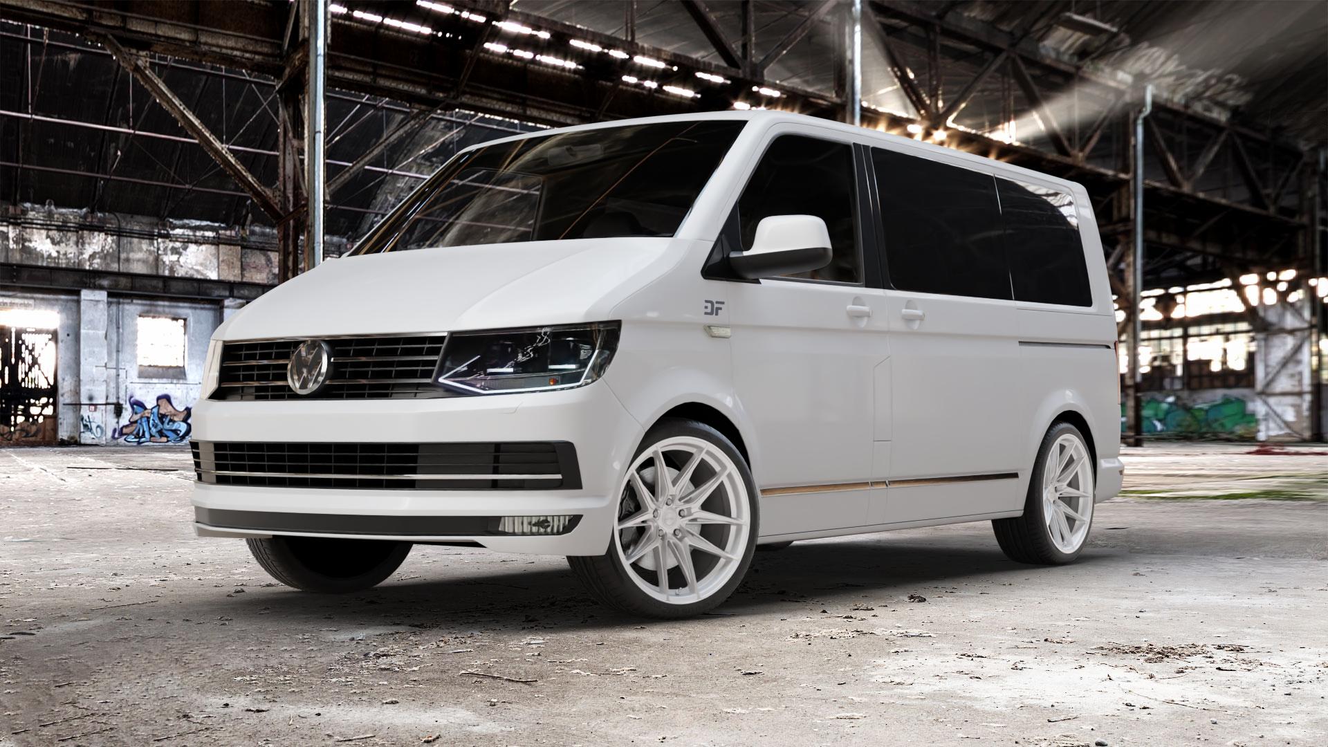 La Chanti Performance LC-P3 Machined Silver Felge mit Reifen silber in 20Zoll Winterfelge Alufelge auf weissem Volkswagen (VW) T6 Kombi Multivan Caravelle ⬇️ mit 15mm Tieferlegung ⬇️ Old Industrial Hall_max_5300mm_2024 Frontansicht_1