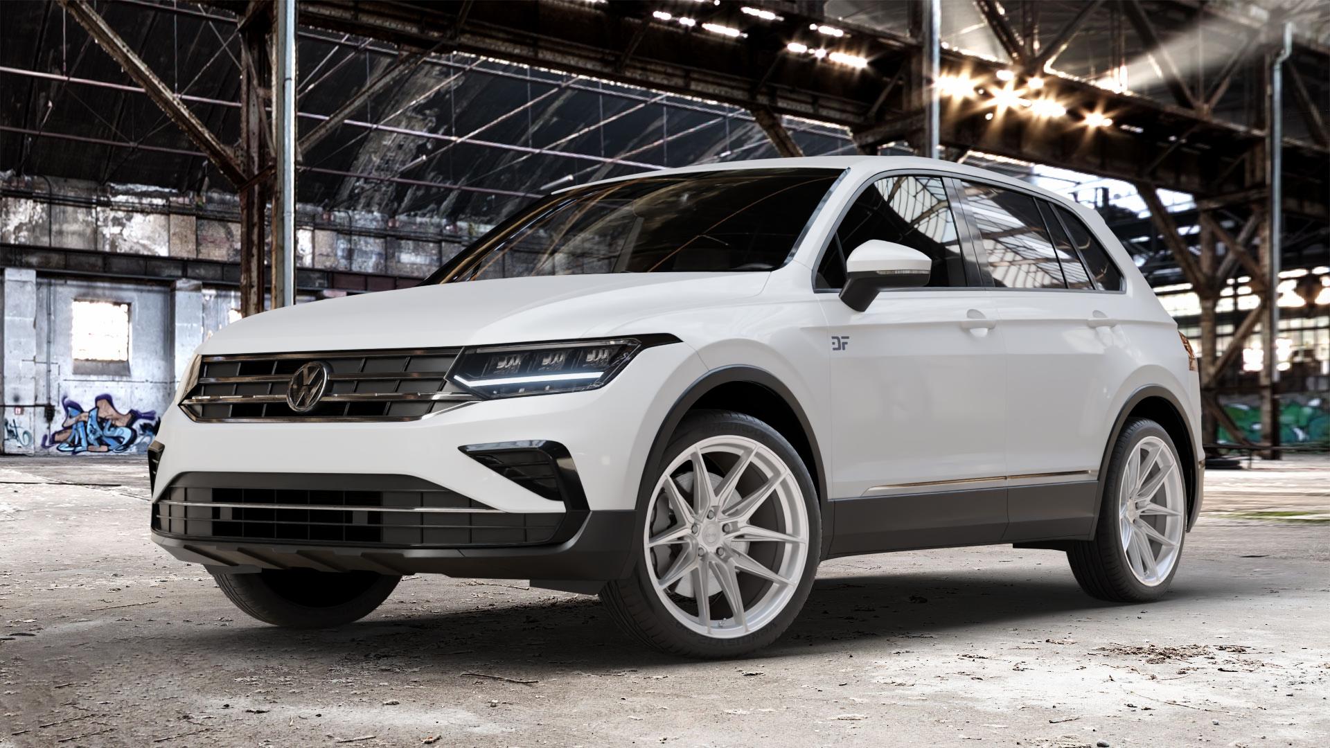 La Chanti Performance LC-P3 Machined Silver Felge mit Reifen silber in 20Zoll Winterfelge Alufelge auf weissem Volkswagen (VW) Tiguan II Typ 5N Facelift ⬇️ mit 15mm Tieferlegung ⬇️ Old Industrial Hall_max_4400mm_2024 Frontansicht_1