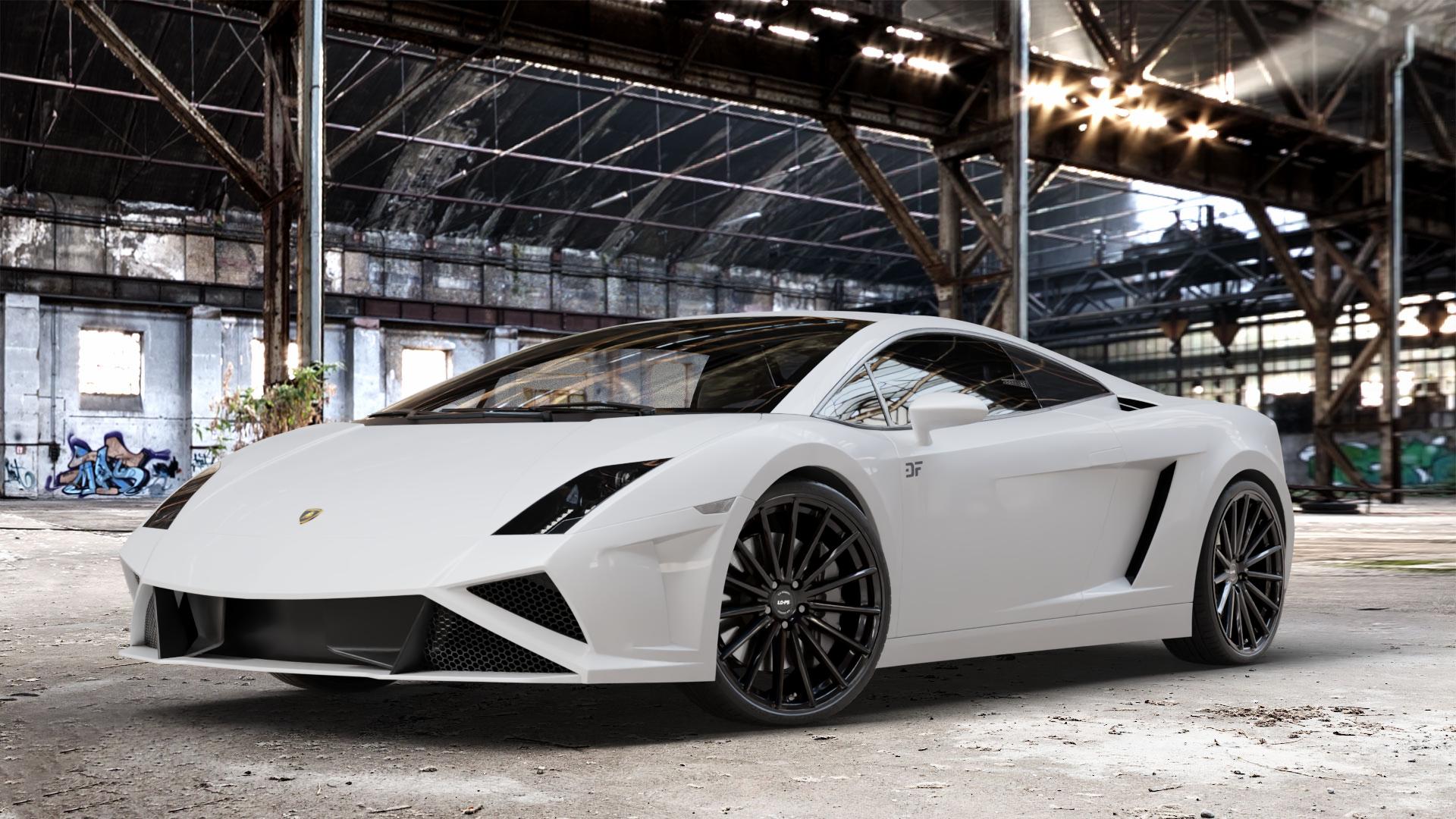 La Chanti Performance LC-P5 Glossy Black Felge mit Reifen schwarz in 20Zoll Winterfelge Alufelge auf weissem Lamborghini Gallardo ⬇️ mit 15mm Tieferlegung ⬇️ Old Industrial Hall_max_4400mm_2024 Frontansicht_1