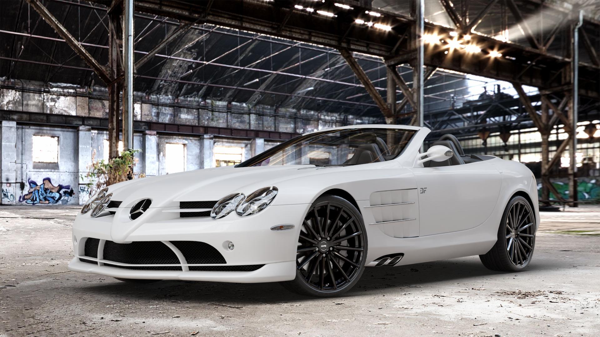 La Chanti Performance LC-P5 Glossy Black Felge mit Reifen schwarz in 20Zoll Winterfelge Alufelge auf weissem Mercedes SLR Typ R199 Roadster ⬇️ mit 15mm Tieferlegung ⬇️ Old Industrial Hall_max_4400mm_2024 Frontansicht_1