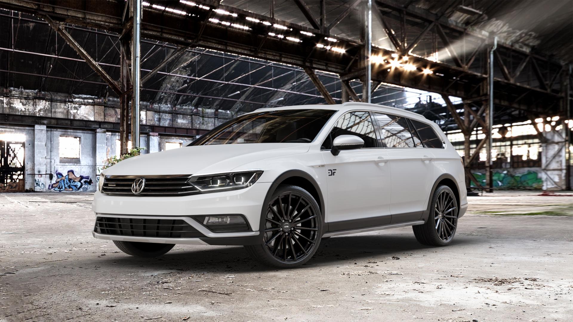 La Chanti Performance LC-P5 Glossy Black Felge mit Reifen schwarz in 20Zoll Winterfelge Alufelge auf weissem Volkswagen (VW) Passat 3C/B8 Alltrack ⬇️ mit 15mm Tieferlegung ⬇️ Old Industrial Hall_max_5300mm_2024 Frontansicht_1