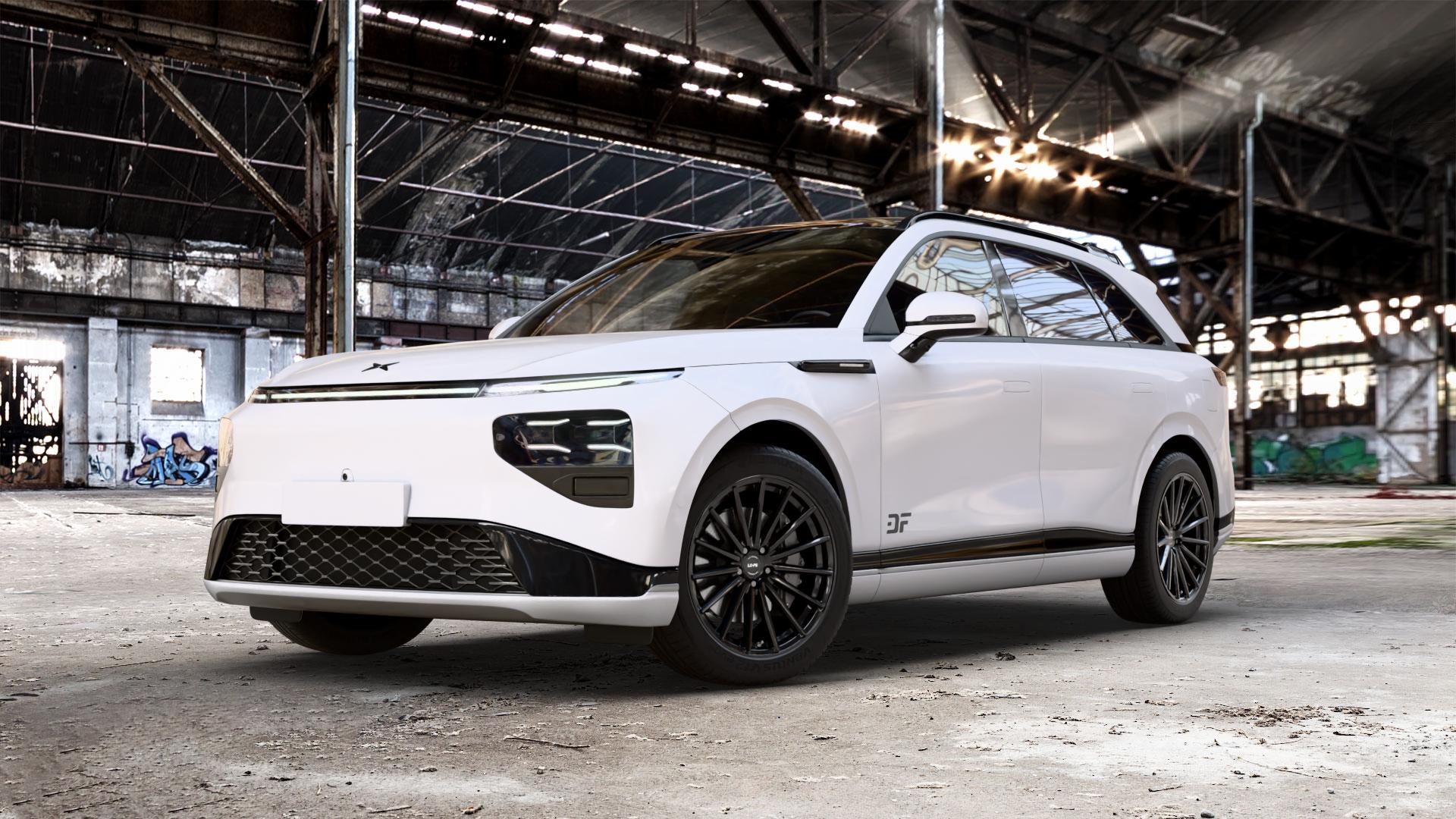 La Chanti Performance LC-P5 Glossy Black Felge mit Reifen schwarz in 20Zoll Winterfelge Alufelge auf weissem Xpeng G9 Typ G9A 0,0l 80kW (109 PS) AWD 100kW (136 ⬇️ mit 15mm Tieferlegung ⬇️ Old Industrial Hall_max_5300mm_2024 Frontansicht_1