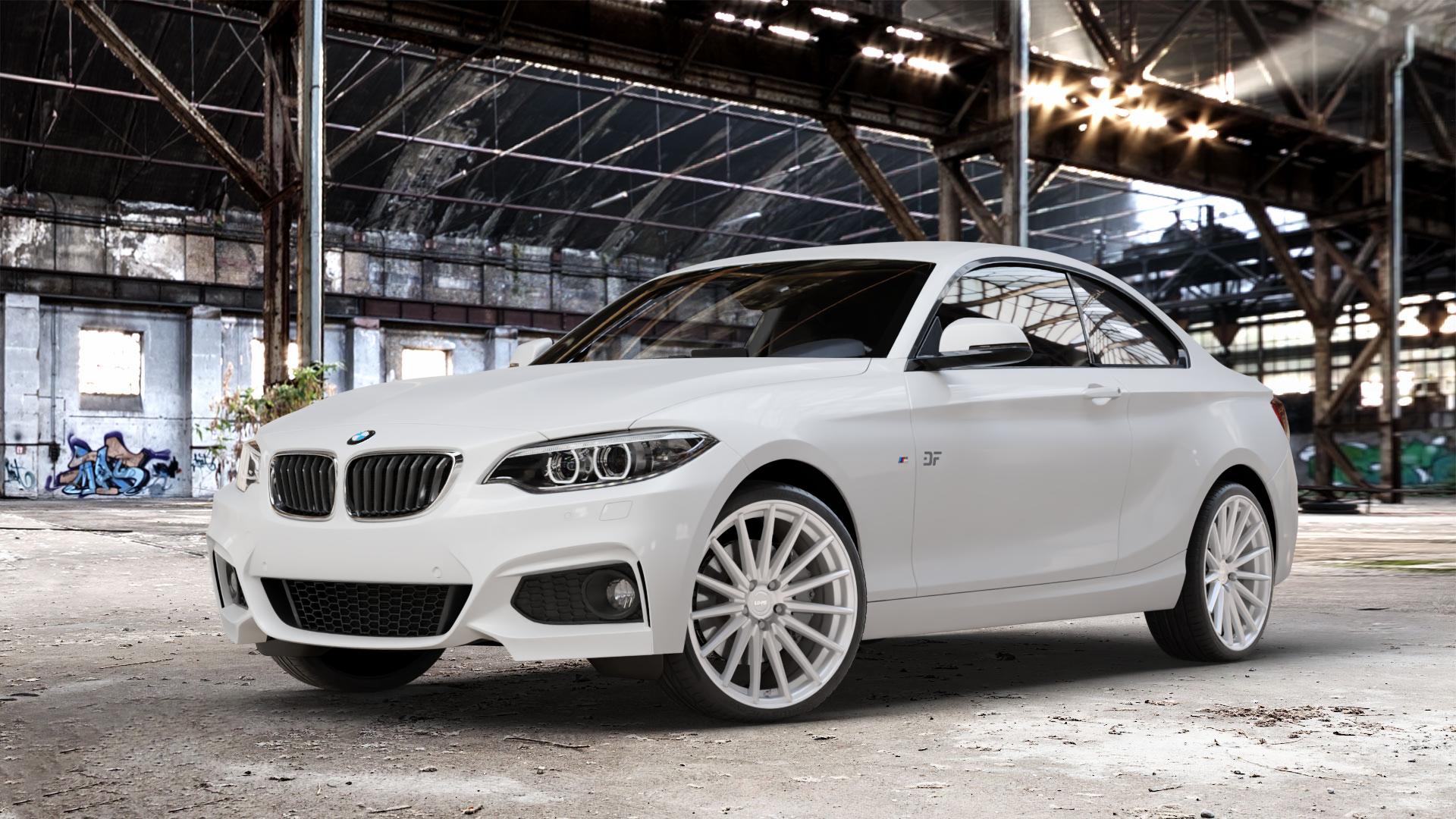 La Chanti Performance LC-P5 Machined Silver Felge mit Reifen silber in 19Zoll Winterfelge Alufelge auf weissem BMW 2 M235i Typ F22 (Coupe) 3,0l 240kW (326 PS) xDrive M240i 250kW (340 ⬇️ mit 15mm Tieferlegung ⬇️ Old Industrial Hall_max_4400mm_2024 Frontansicht_1