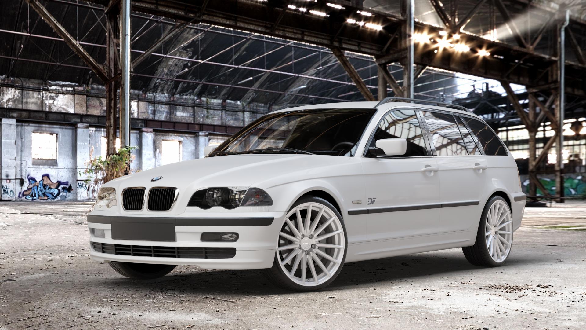 La Chanti Performance LC-P5 Machined Silver Felge mit Reifen silber in 19Zoll Winterfelge Alufelge auf weissem BMW 316i Typ E46 (Touring) 318d 318i 320d 320i 325i 325xi 328i 330d 330i 330xd 330xi 3er Touring (346L) ⬇️ mit 15mm Tieferlegung ⬇️ Old Industrial Hall_max_4400mm_2024 Frontansicht_1