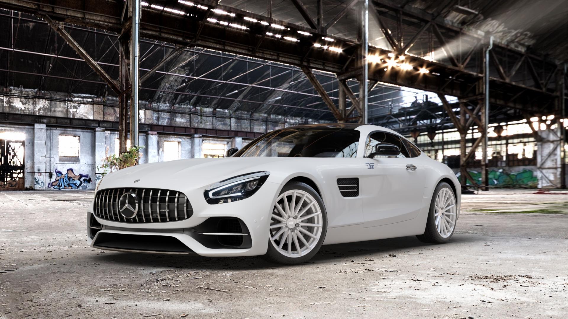 La Chanti Performance LC-P5 Machined Silver Felge mit Reifen silber in 19Zoll Winterfelge Alufelge auf weissem Mercedes AMG GT Typ 197 ⬇️ mit 15mm Tieferlegung ⬇️ Old Industrial Hall_max_5300mm_2024 Frontansicht_1