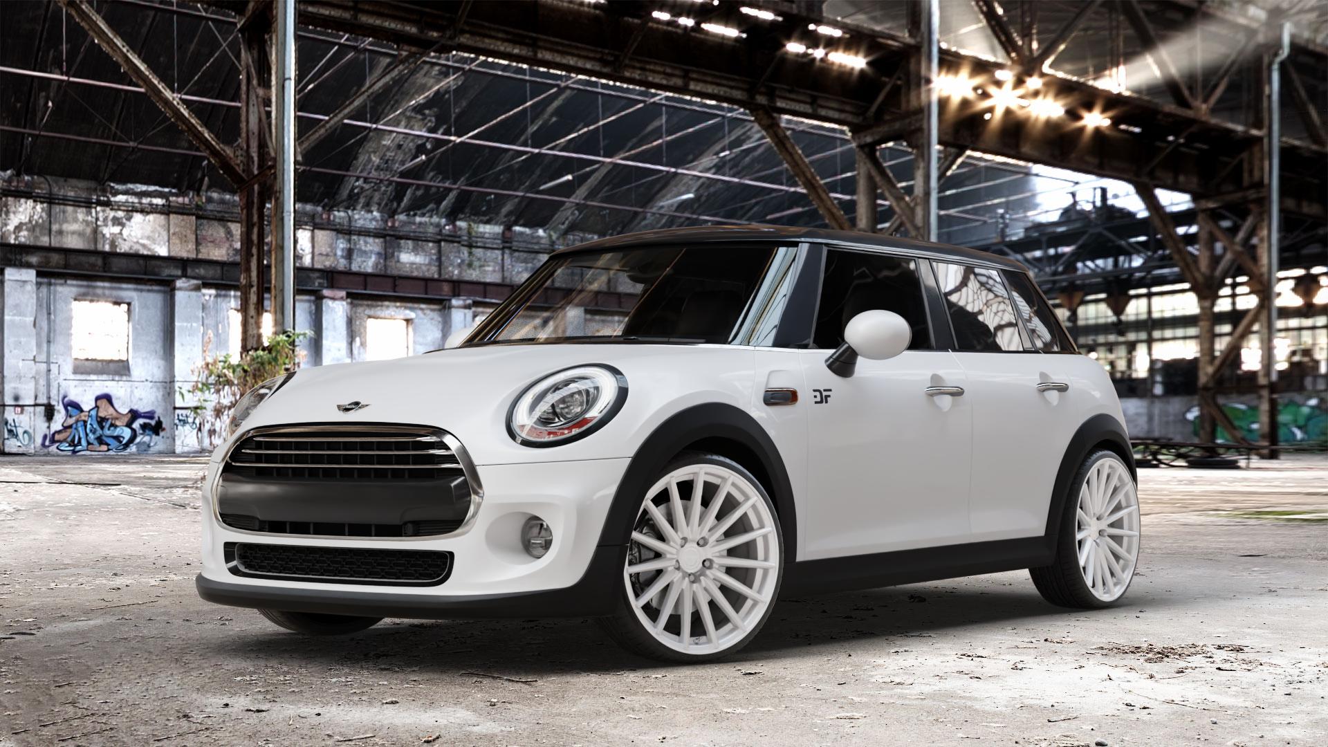 La Chanti Performance LC-P5 Machined Silver Felge mit Reifen silber in 19Zoll Winterfelge Alufelge auf weissem Mini F55 Typ UKL-L (5-Türer Limousine) FML4 ⬇️ mit 15mm Tieferlegung ⬇️ Old Industrial Hall_max_4400mm_2024 Frontansicht_1
