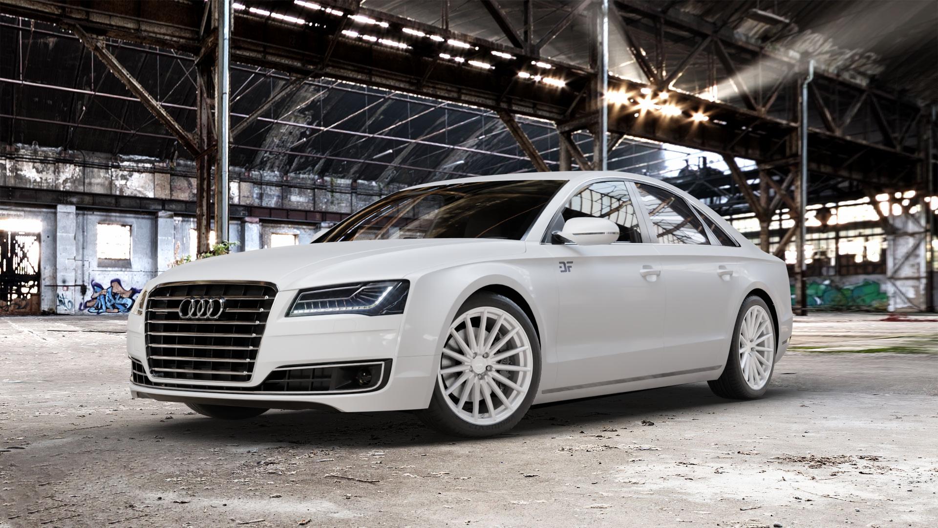 La Chanti Performance LC-P5 Machined Silver Felge mit Reifen silber in 20Zoll Winterfelge Alufelge auf weissem Audi A8 Typ D4/4H Facelift ⬇️ mit 15mm Tieferlegung ⬇️ Old Industrial Hall_max_5300mm_2024 Frontansicht_1