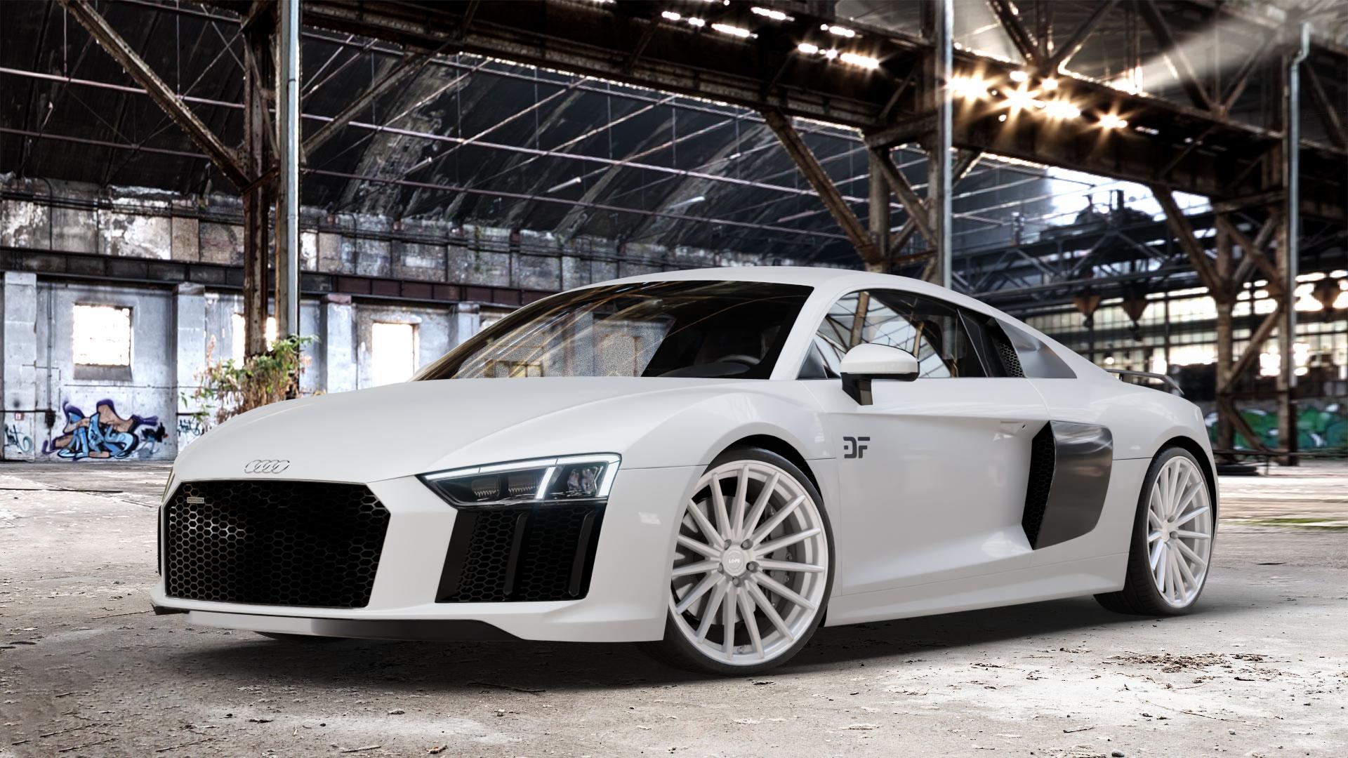 La Chanti Performance LC-P5 Machined Silver Felge mit Reifen silber in 20Zoll Winterfelge Alufelge auf weissem Audi R8 Typ 4S 15-> Spyder 16-> ⬇️ mit 15mm Tieferlegung ⬇️ Old Industrial Hall_max_4400mm_2024 Frontansicht_1