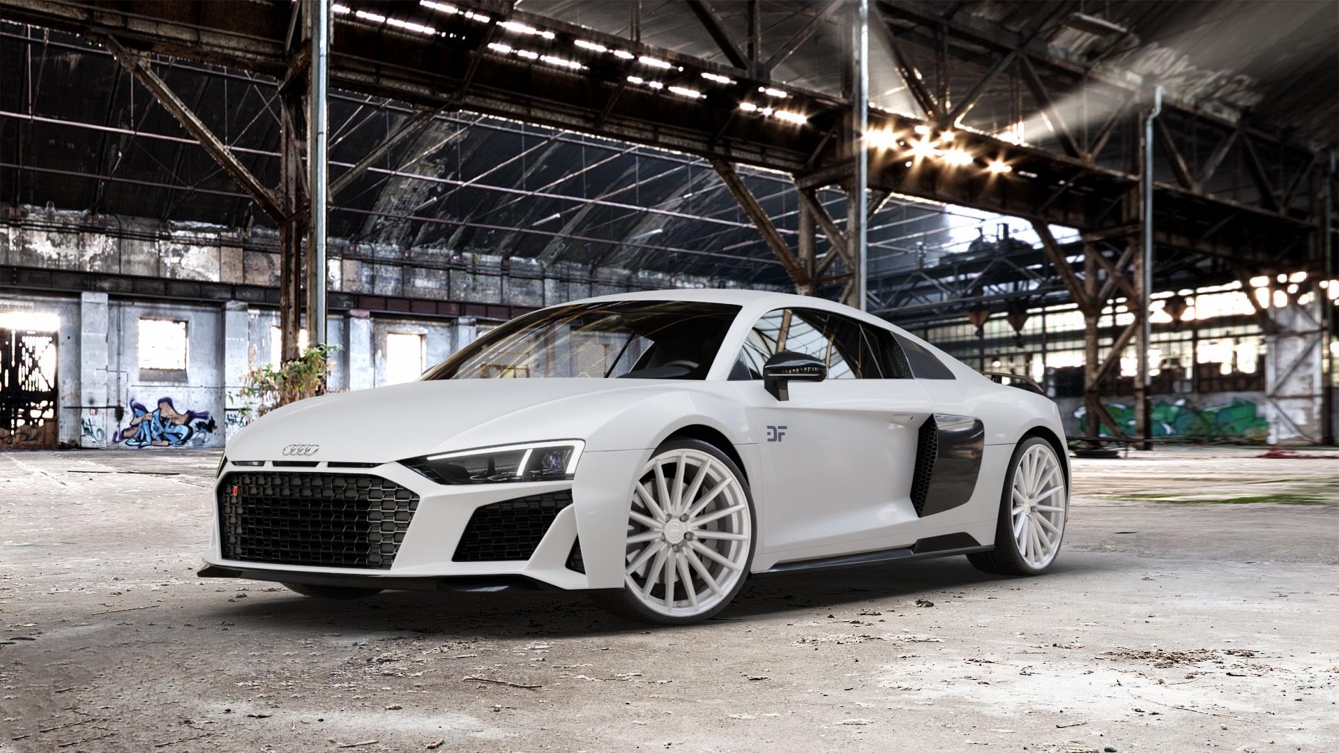 La Chanti Performance LC-P5 Machined Silver Felge mit Reifen silber in 20Zoll Winterfelge Alufelge auf weissem Audi R8 Typ 4S Facelift 19-> ⬇️ mit 15mm Tieferlegung ⬇️ Old Industrial Hall_max_5300mm_2024 Frontansicht_1