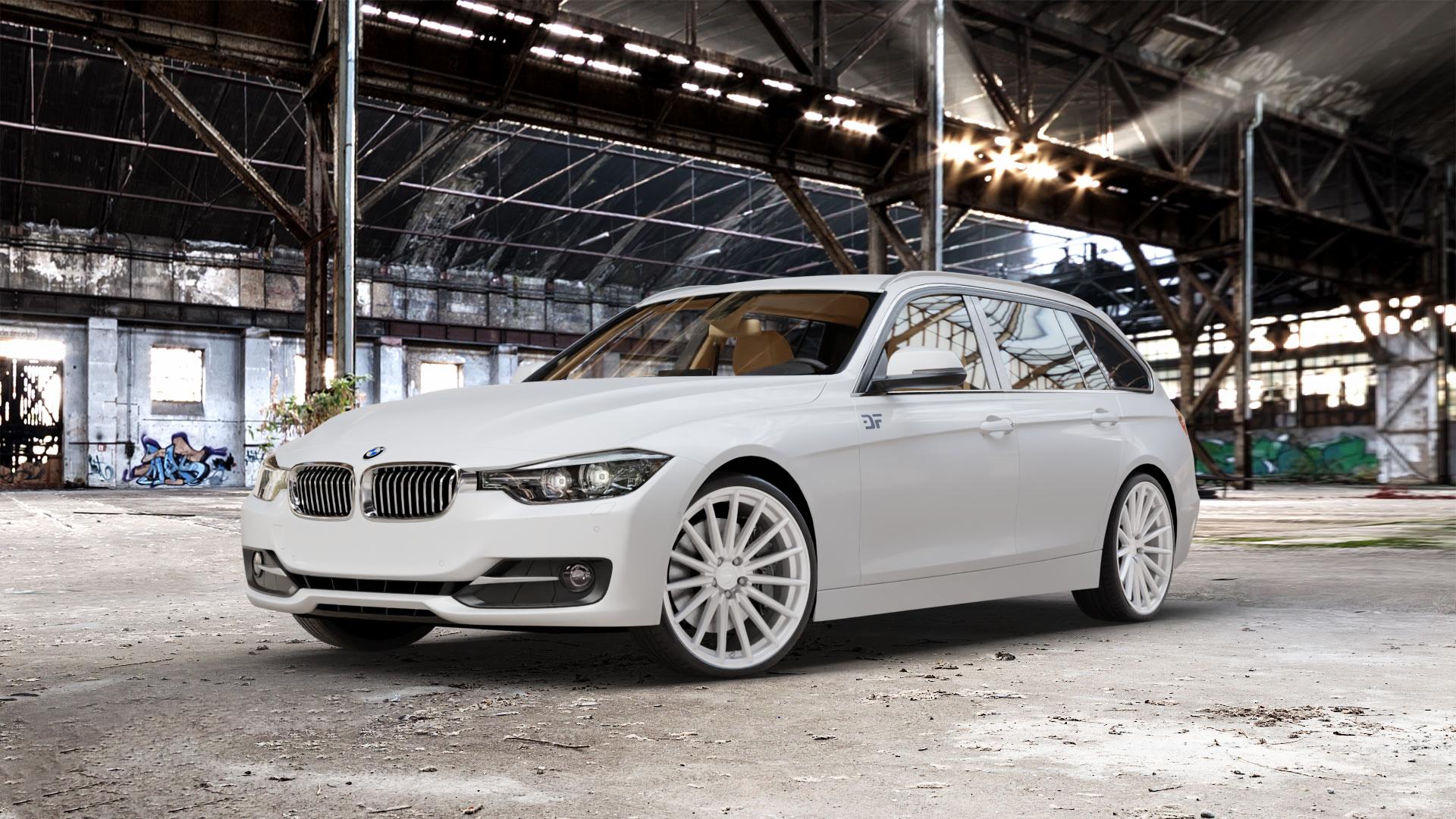 La Chanti Performance LC-P5 Machined Silver Felge mit Reifen silber in 20Zoll Winterfelge Alufelge auf weissem BMW 320i Typ F31 (Touring) 328i 316d 318d 320d 316i EffDyn Edition 325d 335i xDrive 335d ⬇️ mit 15mm Tieferlegung ⬇️ Old Industrial Hall_max_5300mm_2024 Frontansicht_1