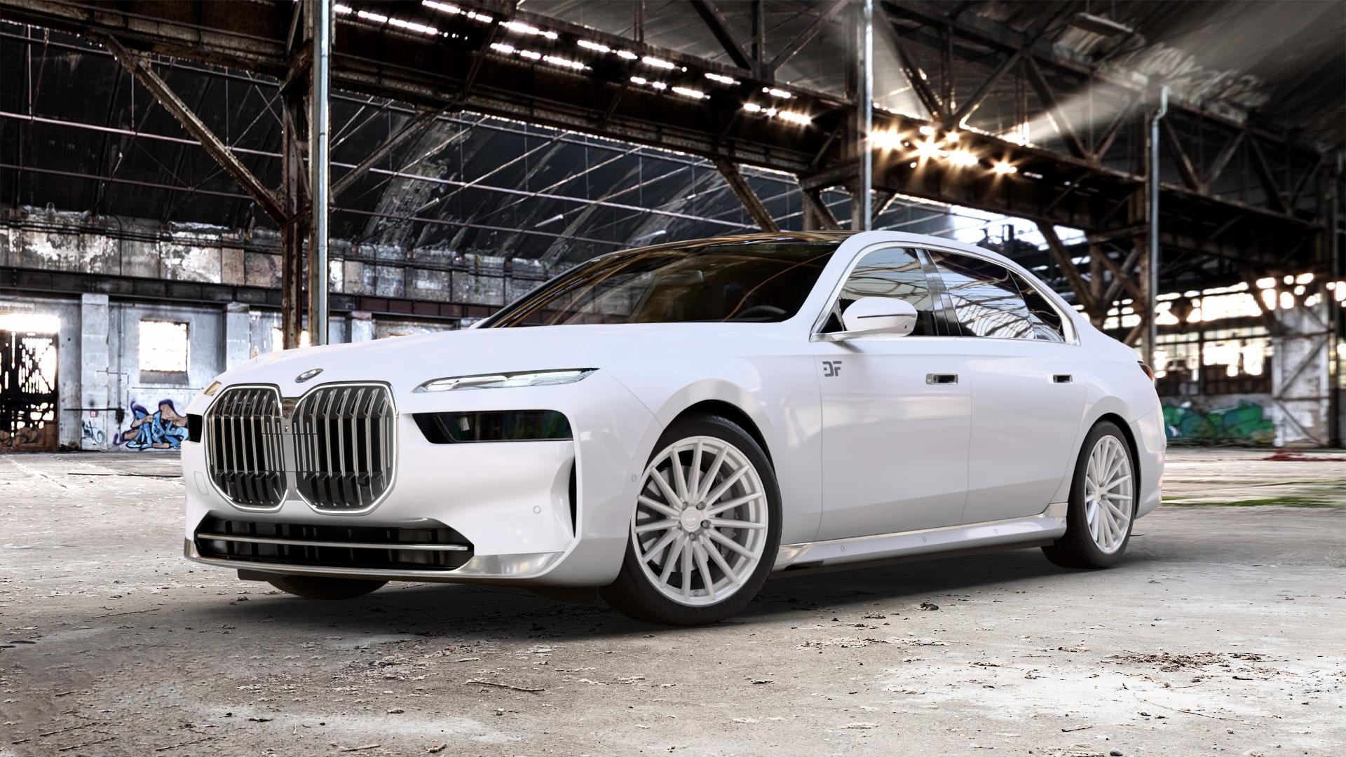 La Chanti Performance LC-P5 Machined Silver Felge mit Reifen silber in 20Zoll Winterfelge Alufelge auf weissem BMW 7er G70 Limousine (G7L) ⬇️ mit 15mm Tieferlegung ⬇️ Old Industrial Hall_max_5300mm_2024 Frontansicht_1