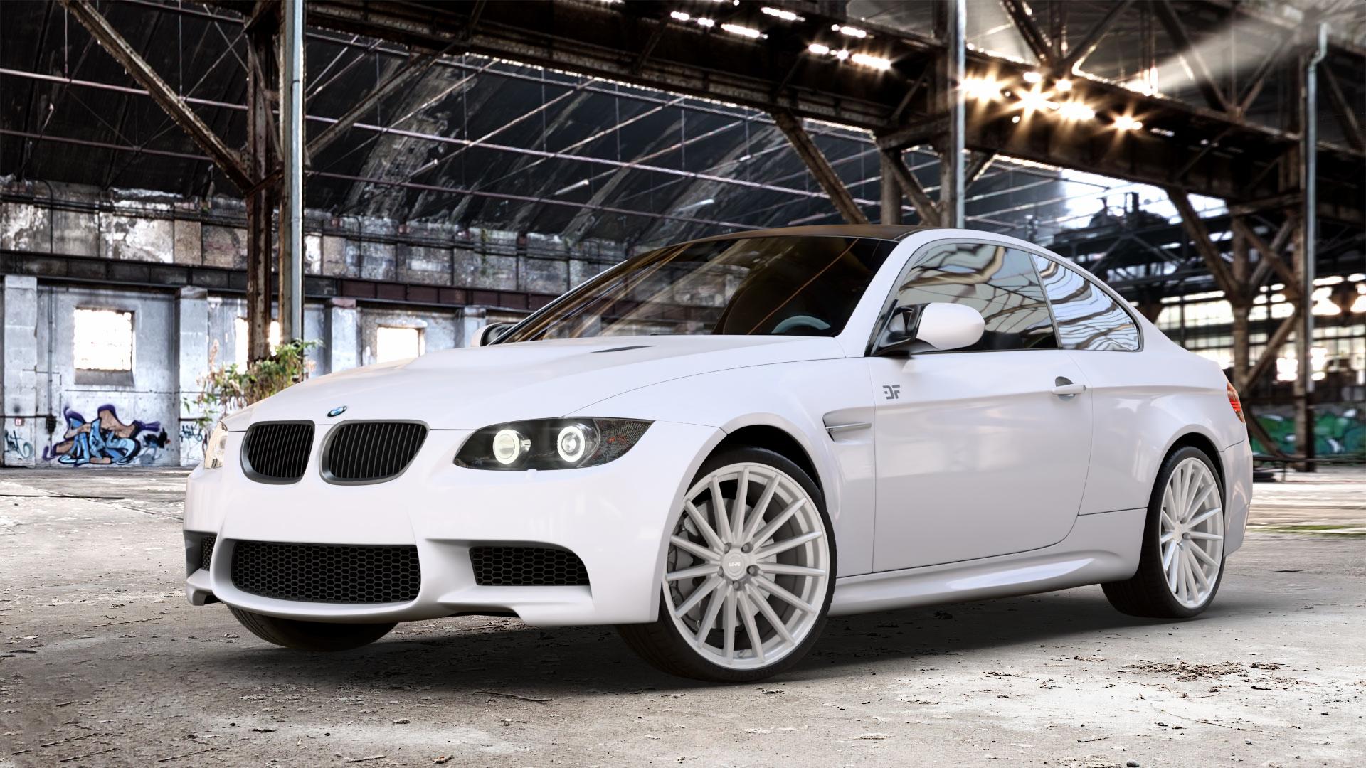 La Chanti Performance LC-P5 Machined Silver Felge mit Reifen silber in 20Zoll Winterfelge Alufelge auf weissem BMW M3 Typ E92 (Coupe) 4,0l V8 309kW (420 PS) ⬇️ mit 15mm Tieferlegung ⬇️ Old Industrial Hall_max_4400mm_2024 Frontansicht_1
