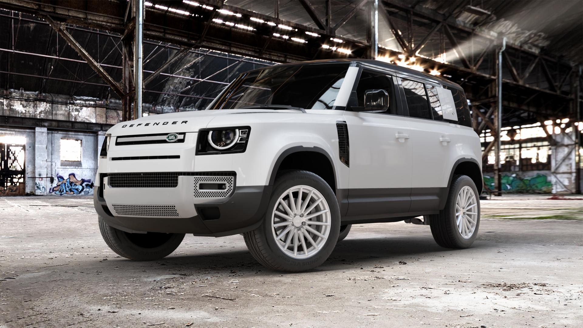 La Chanti Performance LC-P5 Machined Silver Felge mit Reifen silber in 20Zoll Winterfelge Alufelge auf weissem Land Rover Defender 110 Typ LE ⬇️ mit 15mm Tieferlegung ⬇️ Old Industrial Hall_max_5300mm_2024 Frontansicht_1