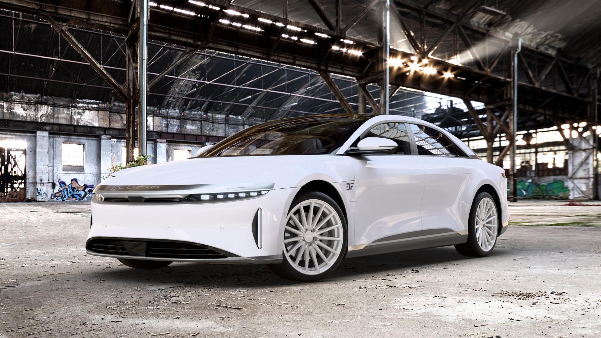 La Chanti Performance LC-P5 Machined Silver Felge mit Reifen silber in 20Zoll Winterfelge Alufelge auf weissem Lucid Air Typ A1 0,0l 271kW AWD (368 PS) 234kW (318 202kW (275 204kW (277 ⬇️ mit 15mm Tieferlegung ⬇️ Old Industrial Hall_max_5300mm_2024 Frontansicht_1