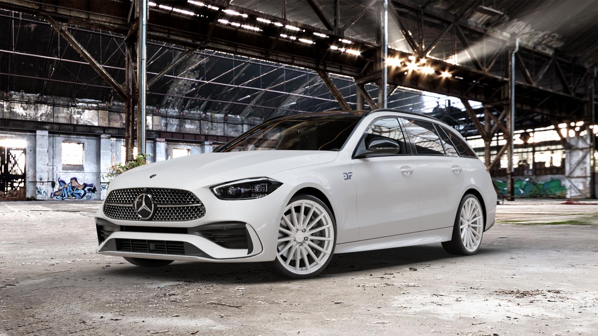 La Chanti Performance LC-P5 Machined Silver Felge mit Reifen silber in 20Zoll Winterfelge Alufelge auf weissem Mercedes C-Klasse Typ S206 Kombi ⬇️ mit 15mm Tieferlegung ⬇️ Old Industrial Hall_max_5300mm_2024 Frontansicht_1