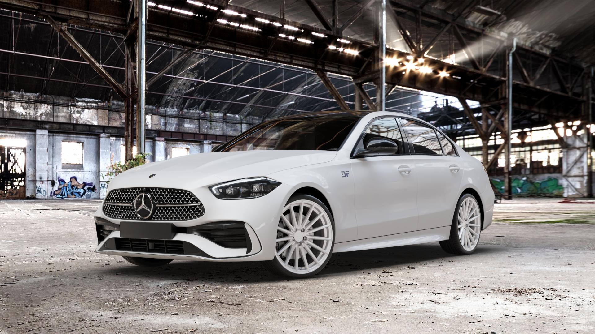La Chanti Performance LC-P5 Machined Silver Felge mit Reifen silber in 20Zoll Winterfelge Alufelge auf weissem Mercedes C-Klasse Typ W206 Limousine ⬇️ mit 15mm Tieferlegung ⬇️ Old Industrial Hall_max_5300mm_2024 Frontansicht_1