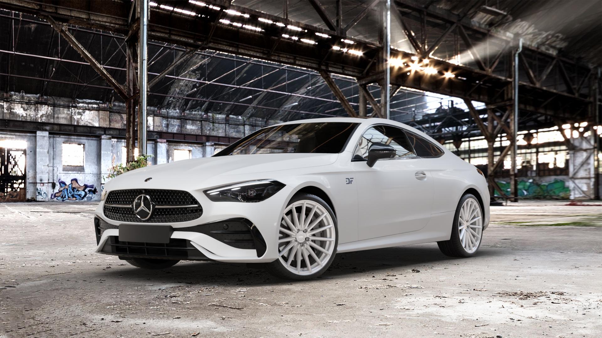 La Chanti Performance LC-P5 Machined Silver Felge mit Reifen silber in 20Zoll Winterfelge Alufelge auf weissem Mercedes CLE Typ C236 Coupe ⬇️ mit 15mm Tieferlegung ⬇️ Old Industrial Hall_max_5300mm_2024 Frontansicht_1