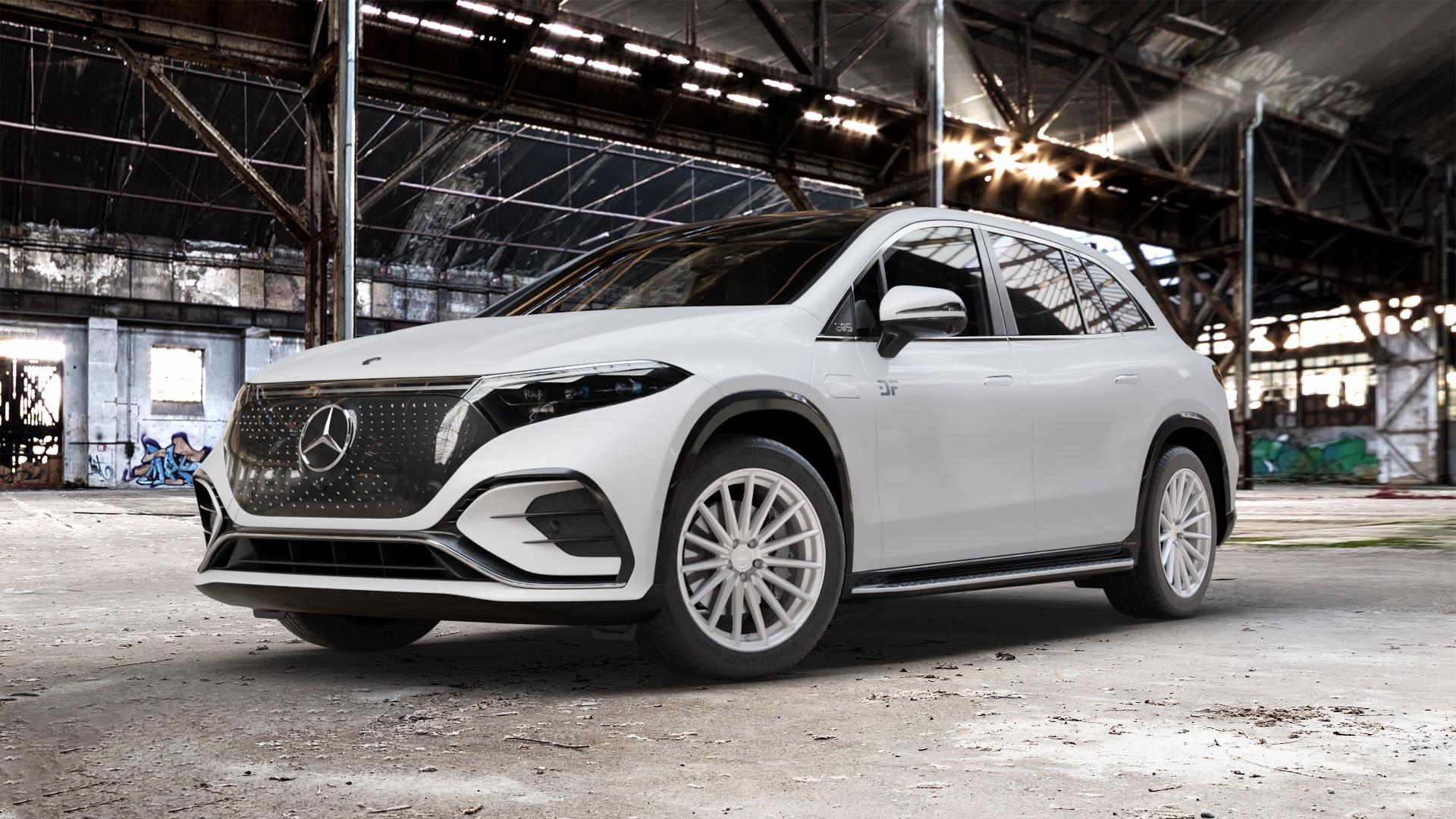 La Chanti Performance LC-P5 Machined Silver Felge mit Reifen silber in 20Zoll Winterfelge Alufelge auf weissem Mercedes EQS SUV Typ E2EQSX ⬇️ mit 15mm Tieferlegung ⬇️ Old Industrial Hall_max_5300mm_2024 Frontansicht_1