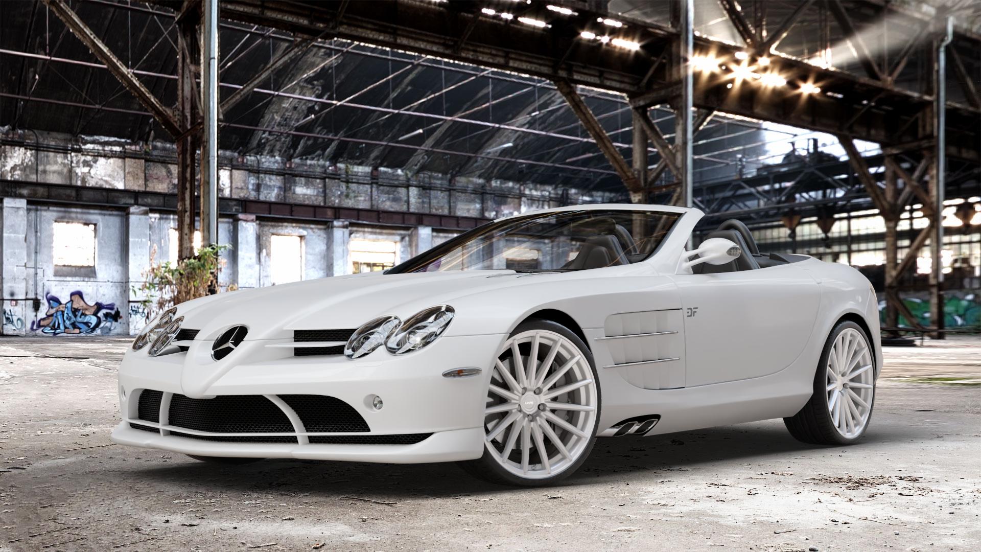 La Chanti Performance LC-P5 Machined Silver Felge mit Reifen silber in 20Zoll Winterfelge Alufelge auf weissem Mercedes SLR Typ R199 Roadster ⬇️ mit 15mm Tieferlegung ⬇️ Old Industrial Hall_max_4400mm_2024 Frontansicht_1