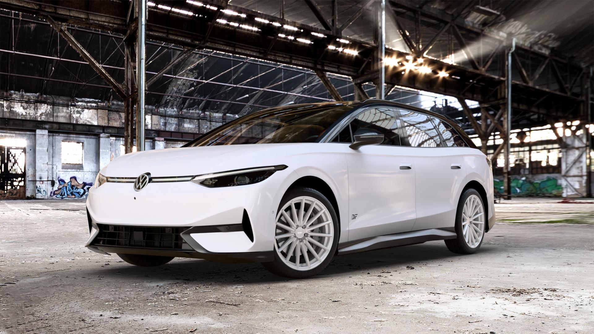 La Chanti Performance LC-P5 Machined Silver Felge mit Reifen silber in 20Zoll Winterfelge Alufelge auf weissem Volkswagen (VW) ID.7 Tourer ⬇️ mit 15mm Tieferlegung ⬇️ Old Industrial Hall_max_5300mm_2024 Frontansicht_1