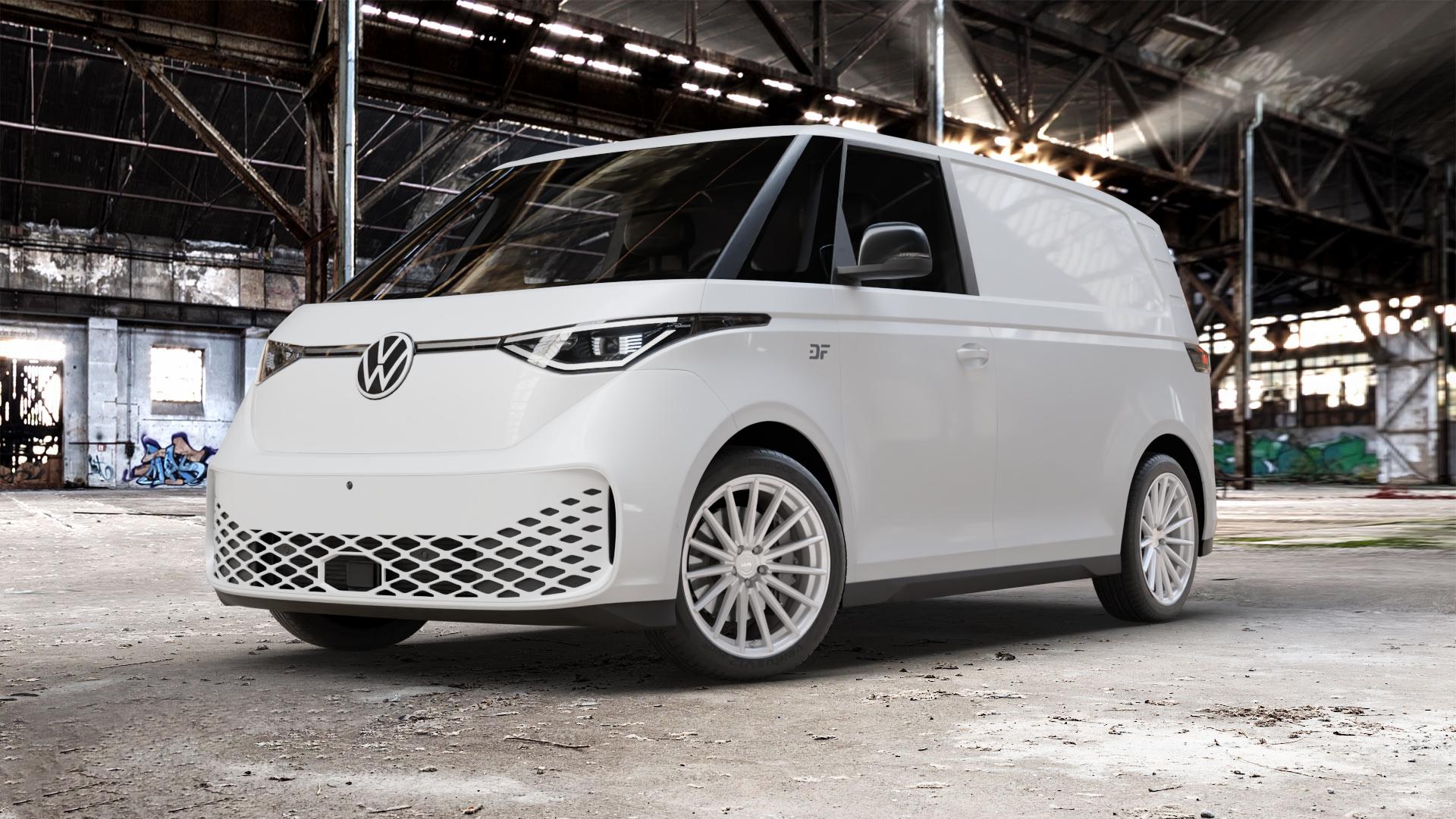 La Chanti Performance LC-P5 Machined Silver Felge mit Reifen silber in 20Zoll Winterfelge Alufelge auf weissem Volkswagen (VW) ID. Buzz Cargo kurzer Radstand ⬇️ mit 15mm Tieferlegung ⬇️ Old Industrial Hall_max_5300mm_2024 Frontansicht_1