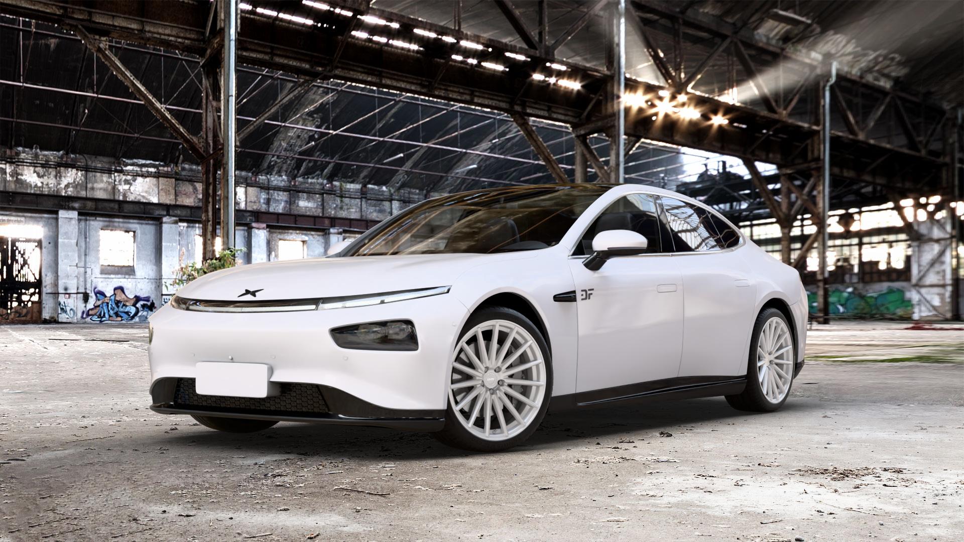 La Chanti Performance LC-P5 Machined Silver Felge mit Reifen silber in 20Zoll Winterfelge Alufelge auf weissem Xpeng P7 Typ P7B 0,0l 80kW (109 PS) 100kW AWD (136 124kW (169 ⬇️ mit 15mm Tieferlegung ⬇️ Old Industrial Hall_max_5300mm_2024 Frontansicht_1