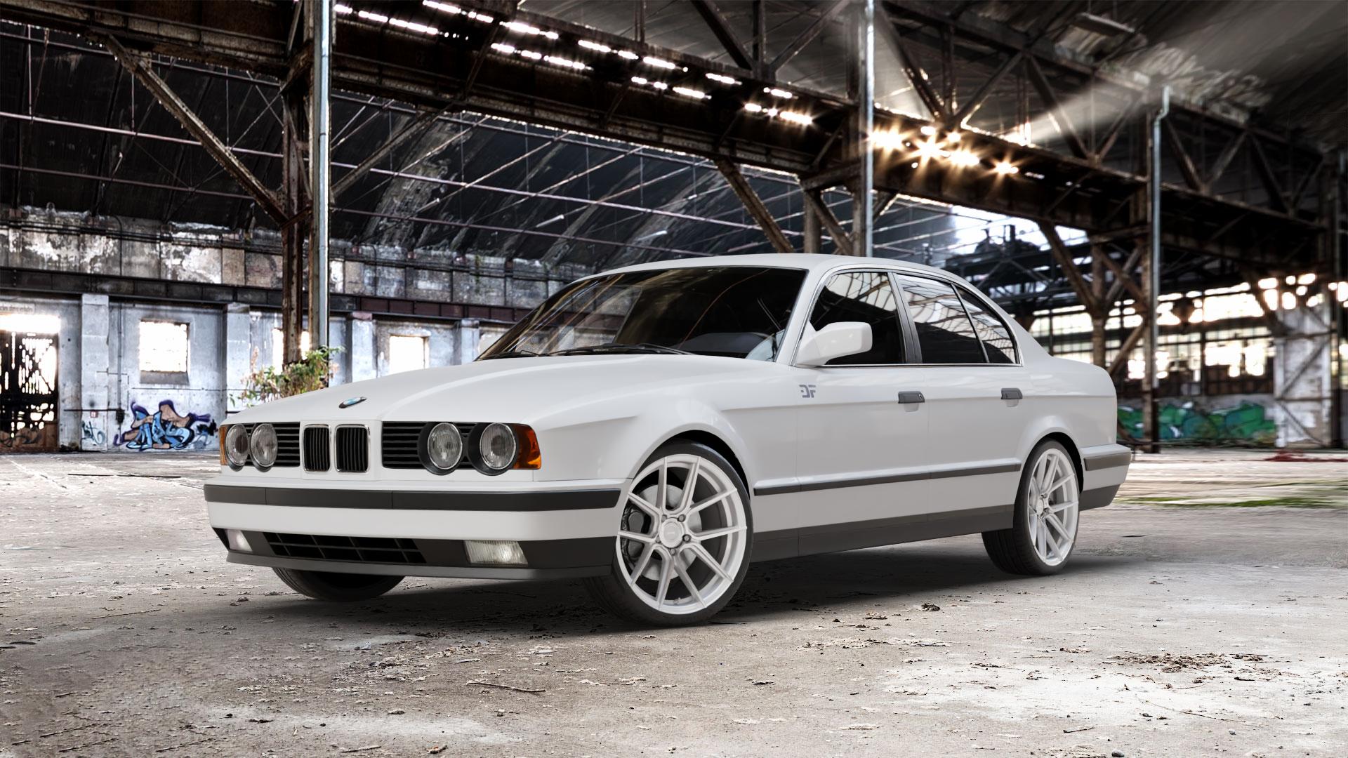 La Chanti Performance LC-P6 Machined Silver Felge mit Reifen silber in 19Zoll Winterfelge Alufelge auf weissem BMW M5 Typ E34 (Limousine) 520i 525i 530i 535i 540i 525tds 518i 525td 524td E28 525ix (Touring) 5er Limousine (5/1) (5/H) Touring 6er E24 Coupé (6 CS) E12 1500- ⬇️ mit 15mm Tieferlegung ⬇️ Old Industrial Hall_max_5300mm_2024 Frontansicht_1