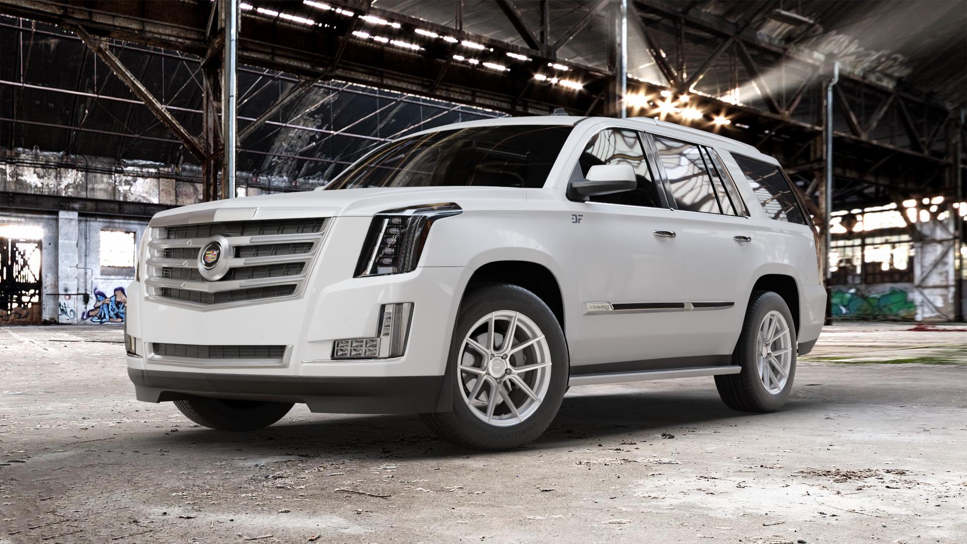 La Chanti Performance LC-P6 Machined Silver Felge mit Reifen silber in 19Zoll Winterfelge Alufelge auf weissem Cadillac Escalade Typ GMT K2XX ⬇️ mit 15mm Tieferlegung ⬇️ Old Industrial Hall_max_5300mm_2024 Frontansicht_1