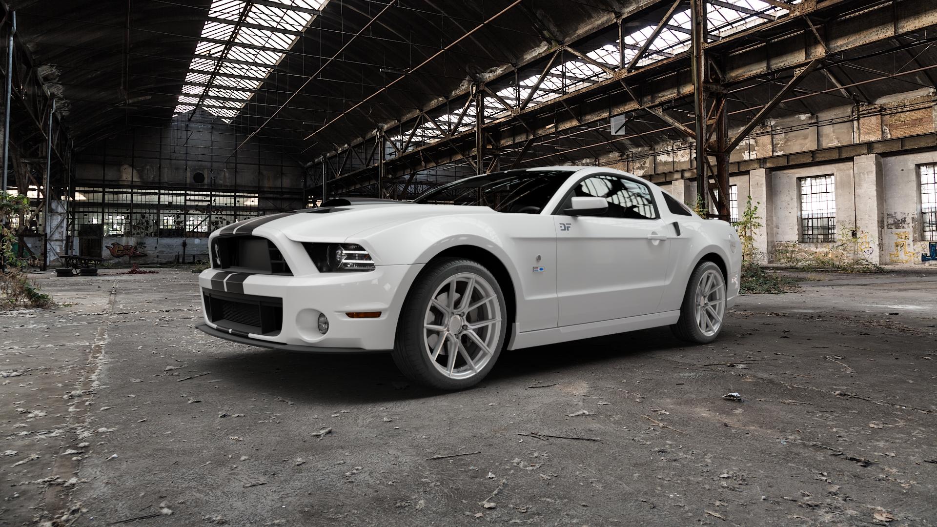 La Chanti Performance LC-P6 Machined Silver Felge mit Reifen silber in 19Zoll Winterfelge Alufelge auf weissem Ford Mustang V Coupe ⬇️ mit 15mm Tieferlegung ⬇️ Old Industrial Hall_max5000mm_2022 Frontansicht_1