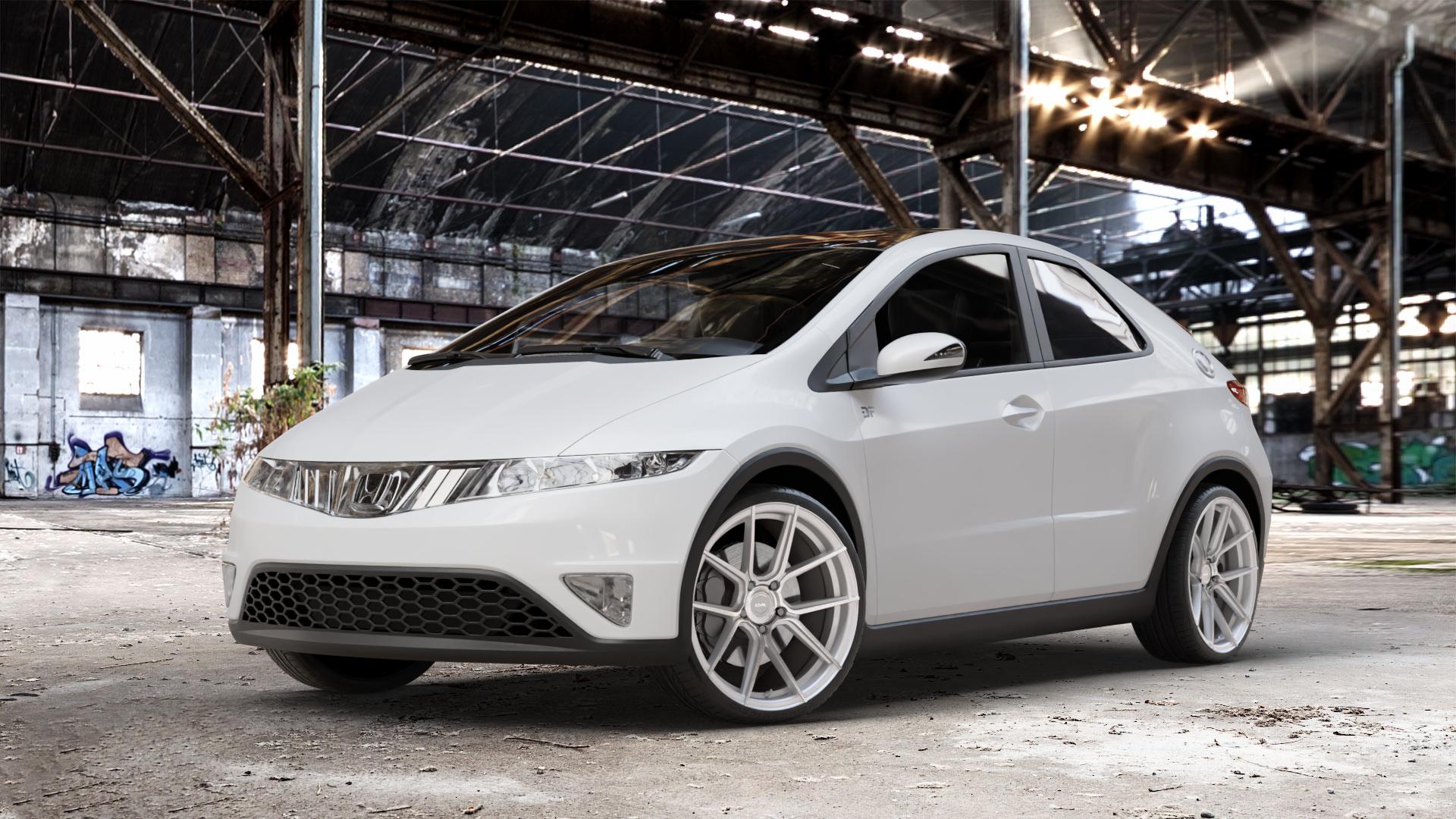 La Chanti Performance LC-P6 Machined Silver Felge mit Reifen silber in 19Zoll Winterfelge Alufelge auf weissem Honda Civic 8 Dreitürer (FN) ⬇️ mit 15mm Tieferlegung ⬇️ Old Industrial Hall_max_4400mm_2024 Frontansicht_1
