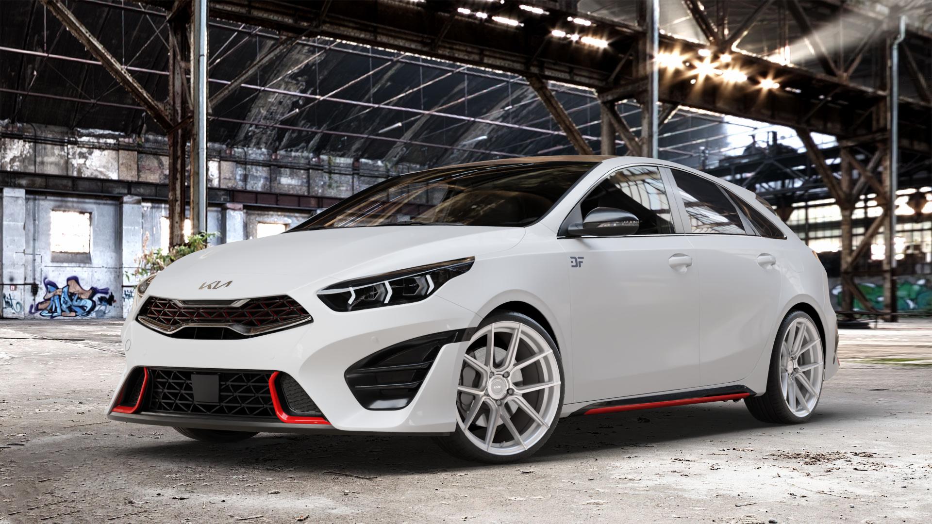 La Chanti Performance LC-P6 Machined Silver Felge mit Reifen silber in 19Zoll Winterfelge Alufelge auf weissem Kia ProCeed Typ CD Facelift Pro Cee d ⬇️ mit 15mm Tieferlegung ⬇️ Old Industrial Hall_max_4400mm_2024 Frontansicht_1
