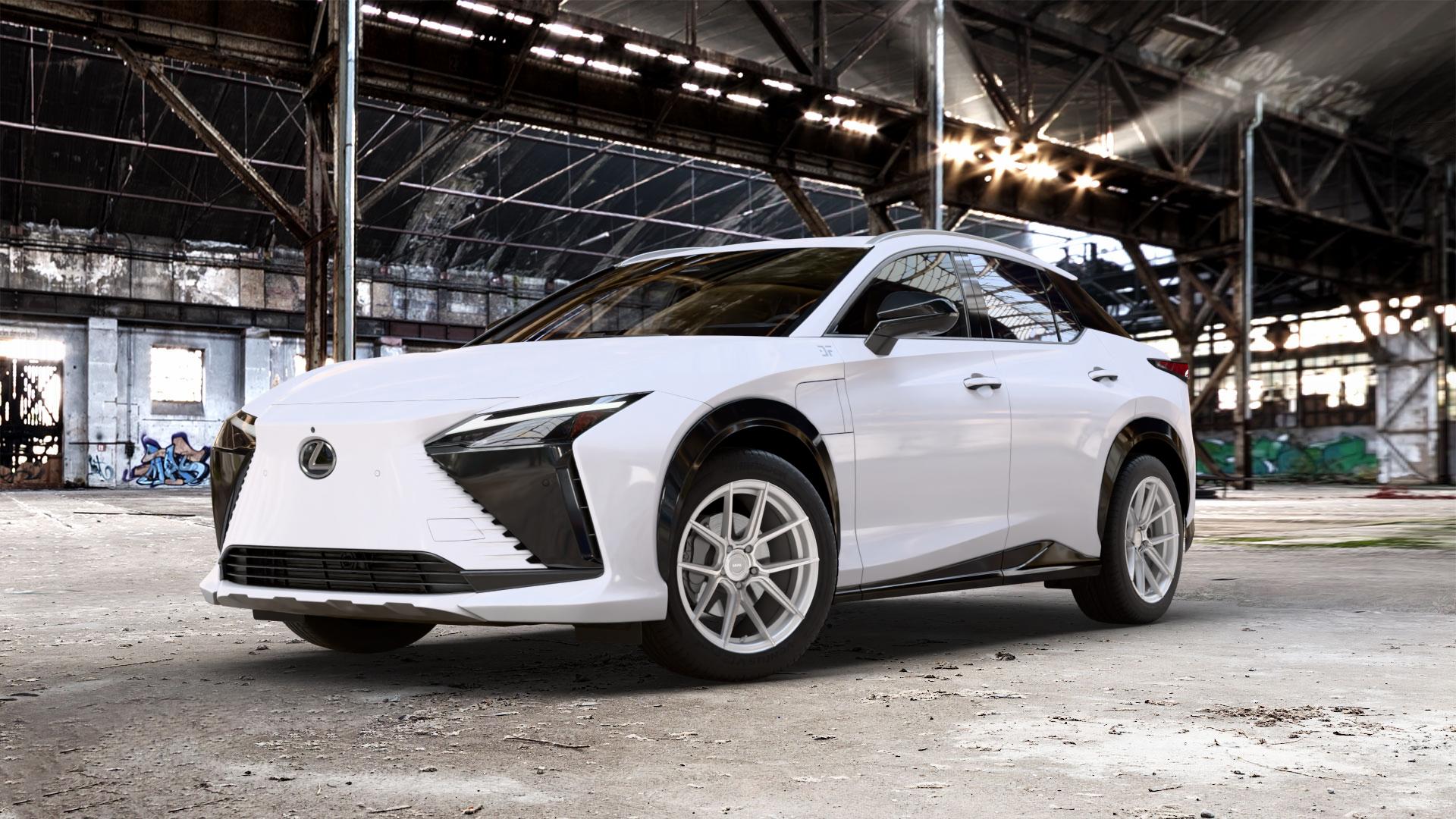 La Chanti Performance LC-P6 Machined Silver Felge mit Reifen silber in 19Zoll Winterfelge Alufelge auf weissem Lexus RZ Typ EBM1(M) ⬇️ mit 15mm Tieferlegung ⬇️ Old Industrial Hall_max_5300mm_2024 Frontansicht_1
