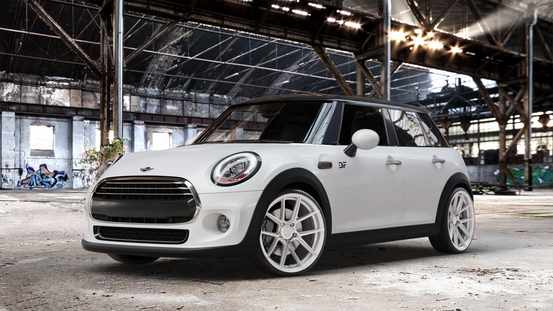 La Chanti Performance LC-P6 Machined Silver Felge mit Reifen silber in 19Zoll Winterfelge Alufelge auf weissem Mini F55 Typ UKL-L (5-Türer Limousine) FML4 ⬇️ mit 15mm Tieferlegung ⬇️ Old Industrial Hall_max_4400mm_2024 Frontansicht_1