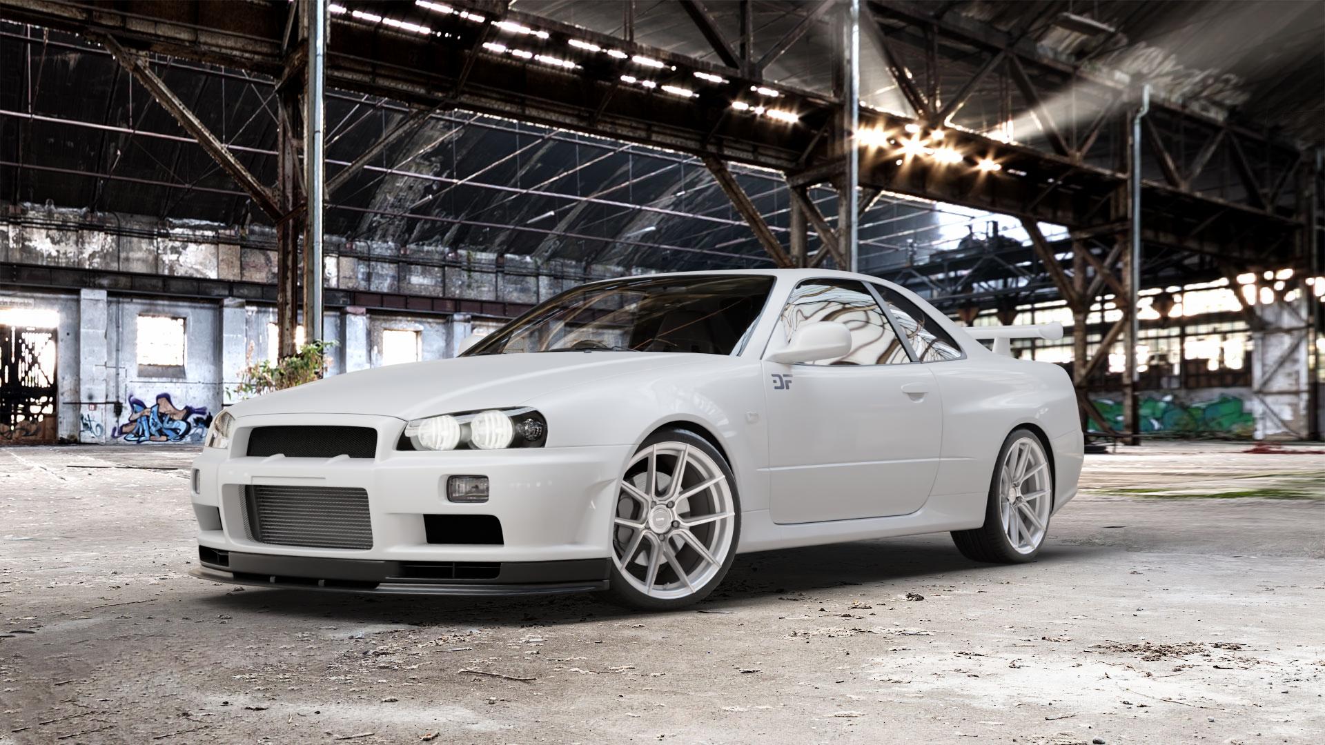 La Chanti Performance LC-P6 Machined Silver Felge mit Reifen silber in 19Zoll Winterfelge Alufelge auf weissem Nissan Skyline R34 ⬇️ mit 15mm Tieferlegung ⬇️ Old Industrial Hall_max_5300mm_2024 Frontansicht_1