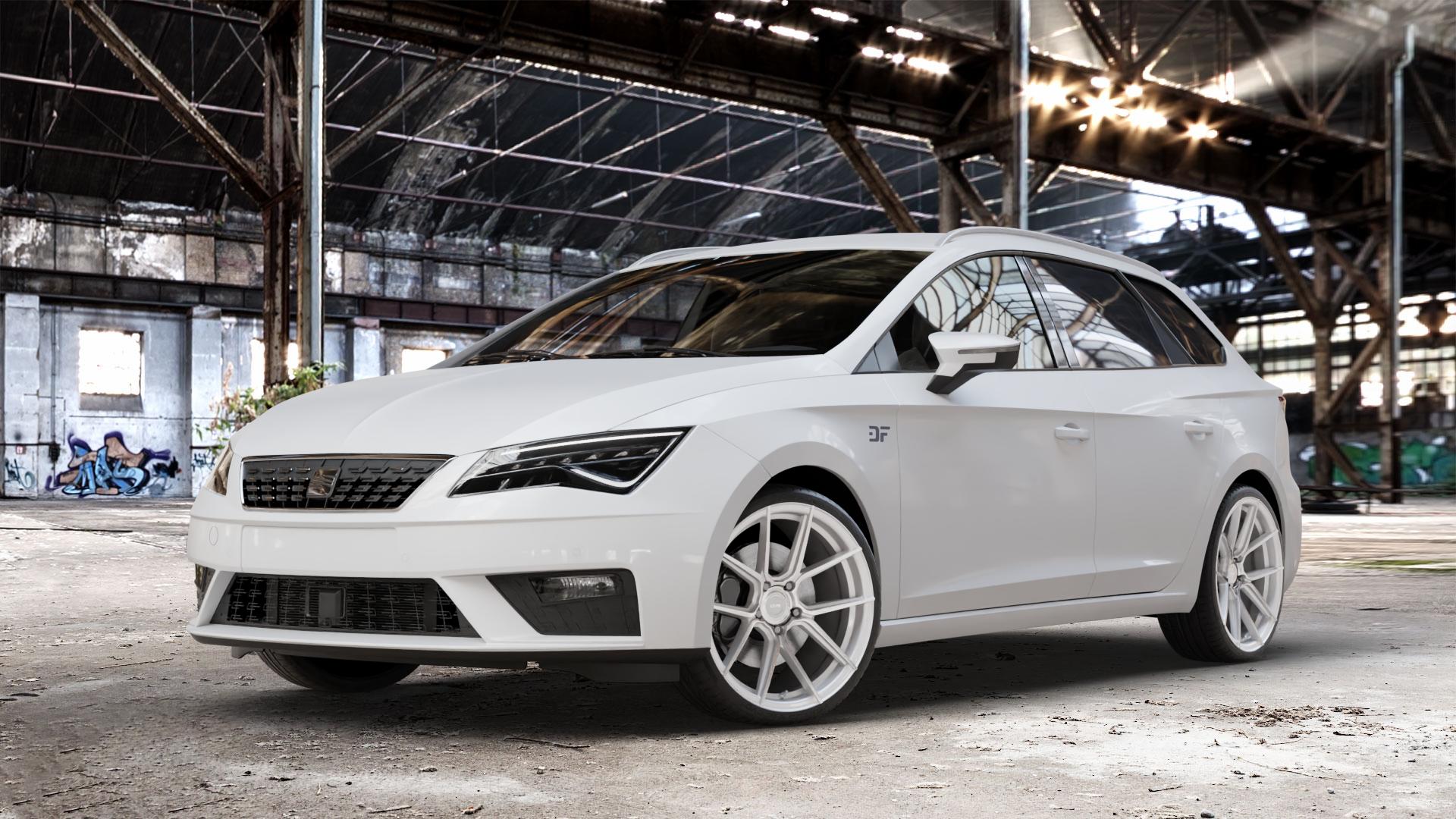 La Chanti Performance LC-P6 Machined Silver Felge mit Reifen silber in 19Zoll Winterfelge Alufelge auf weissem Seat Leon Typ 5F ST Facelift ⬇️ mit 15mm Tieferlegung ⬇️ Old Industrial Hall_max_4400mm_2024 Frontansicht_1