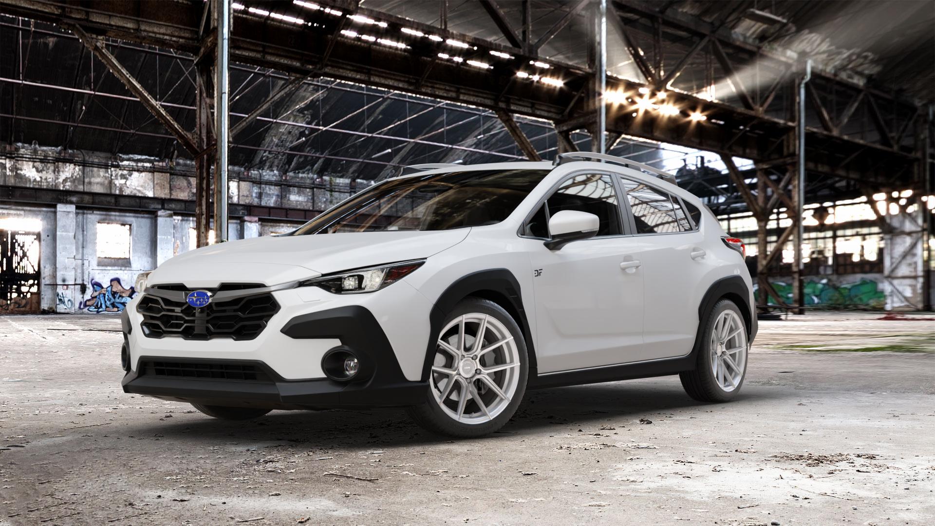 La Chanti Performance LC-P6 Machined Silver Felge mit Reifen silber in 19Zoll Winterfelge Alufelge auf weissem Subaru Crosstrek Typ G6-SS 2,0l 100kW Mild-Hybrid AWD (136 PS) ⬇️ mit 15mm Tieferlegung ⬇️ Old Industrial Hall_max_5300mm_2024 Frontansicht_1