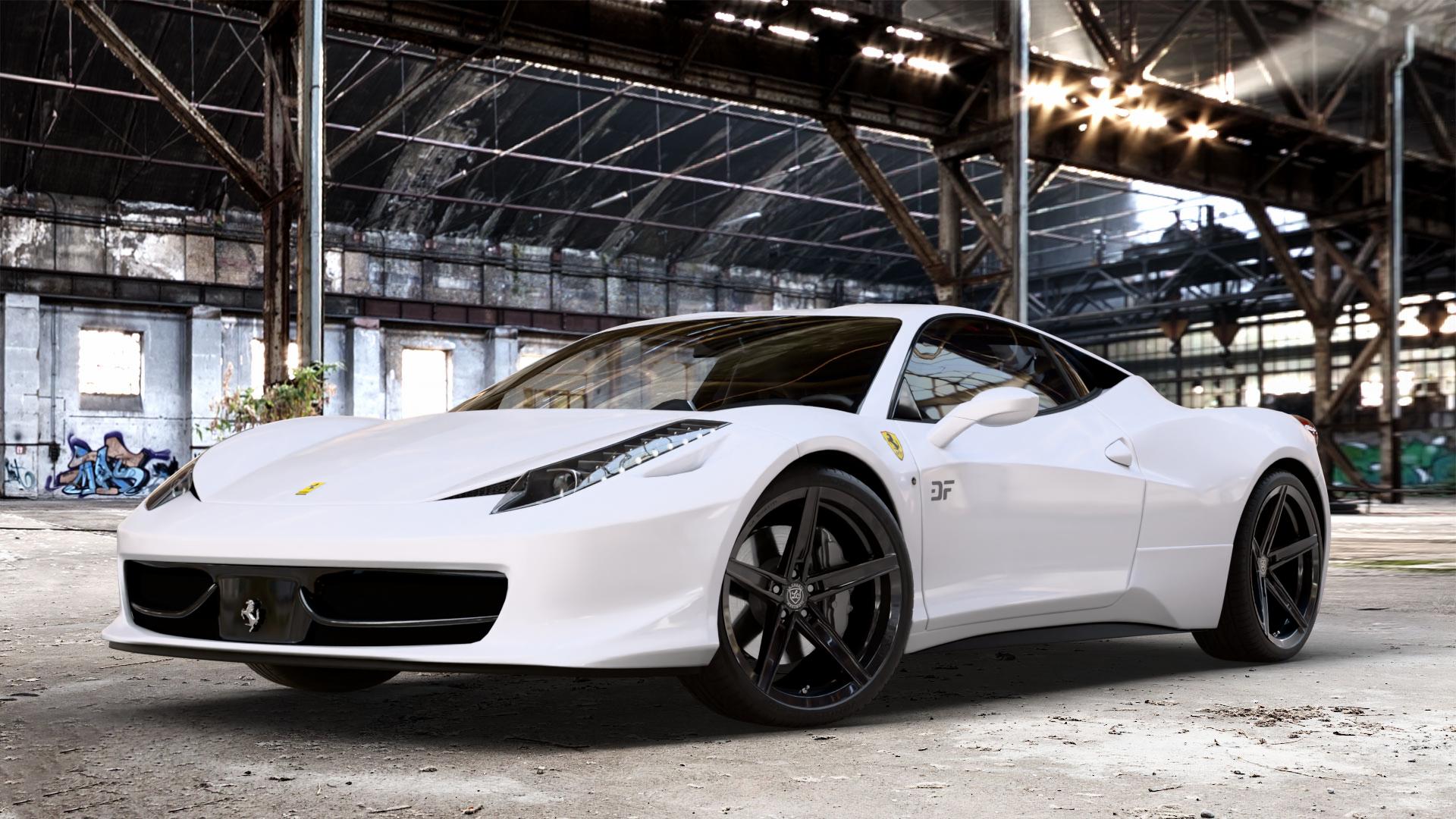 La Chanti Performance LC-P8 Glossy Black Felge mit Reifen schwarz in 20Zoll Winterfelge Alufelge auf weissem Ferrari 458 Italia ⬇️ mit 15mm Tieferlegung ⬇️ Old Industrial Hall_max_4400mm_2024 Frontansicht_1