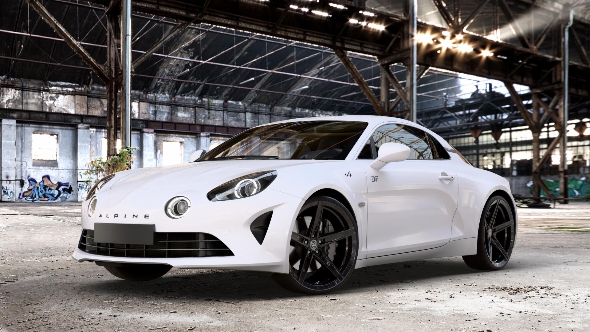 La Chanti Performance LC-P8 Glossy Black Felge mit Reifen schwarz in 20Zoll Winterfelge Alufelge auf weissem Renault Alpine A110 Typ AEF ⬇️ mit 15mm Tieferlegung ⬇️ Old Industrial Hall_max_4400mm_2024 Frontansicht_1