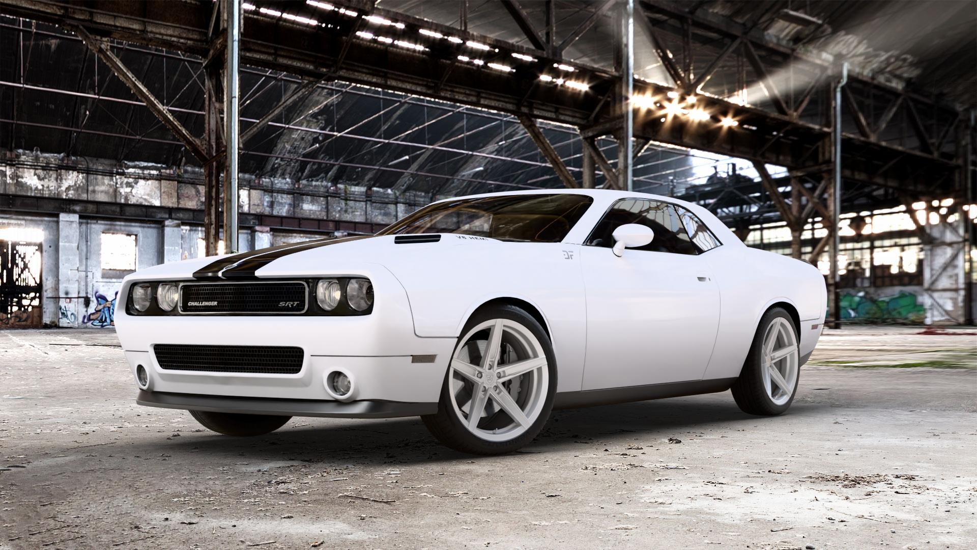 La Chanti Performance LC-P8 Machined Silver Felge mit Reifen silber in 20Zoll Winterfelge Alufelge auf weissem Dodge Challenger (08-) Typ LC ⬇️ mit 15mm Tieferlegung ⬇️ Old Industrial Hall_max_5300mm_2024 Frontansicht_1